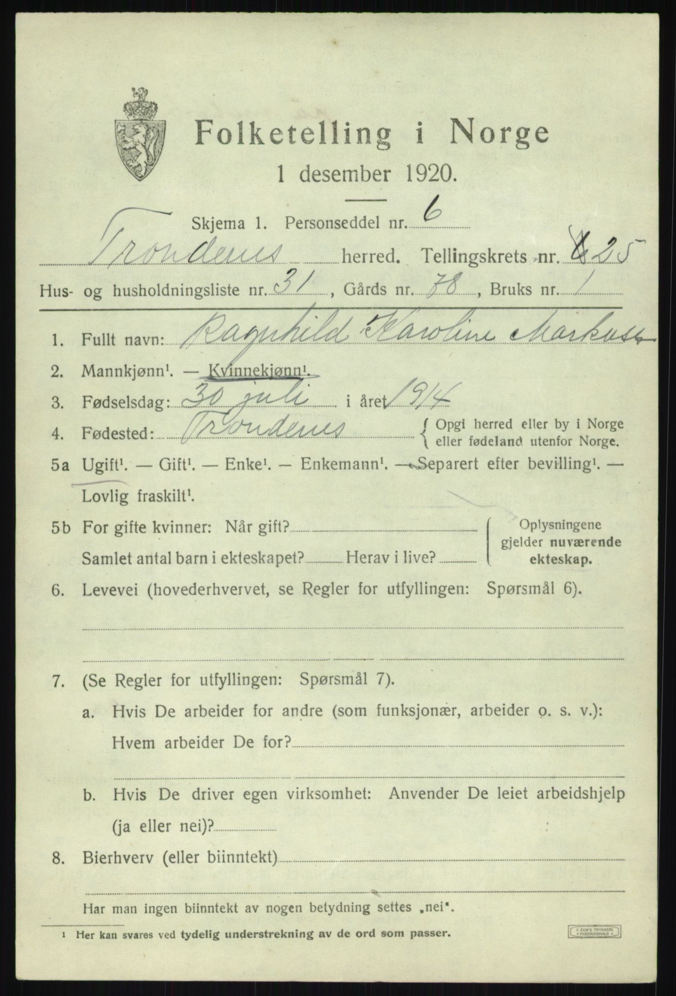 SATØ, 1920 census for Trondenes, 1920, p. 18824