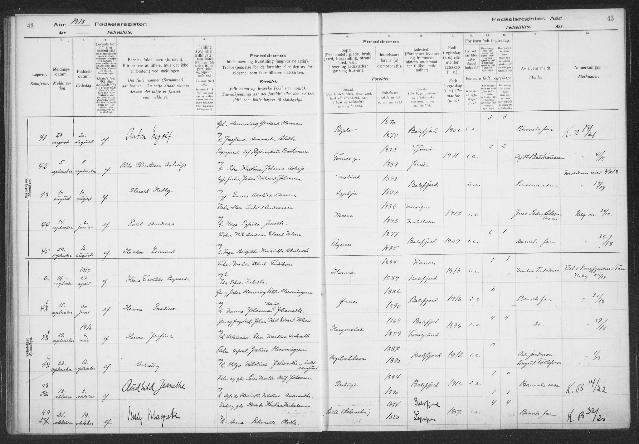 Balsfjord sokneprestembete, AV/SATØ-S-1303/H/Hb/L0059: Birth register no. 59, 1916-1930, p. 43