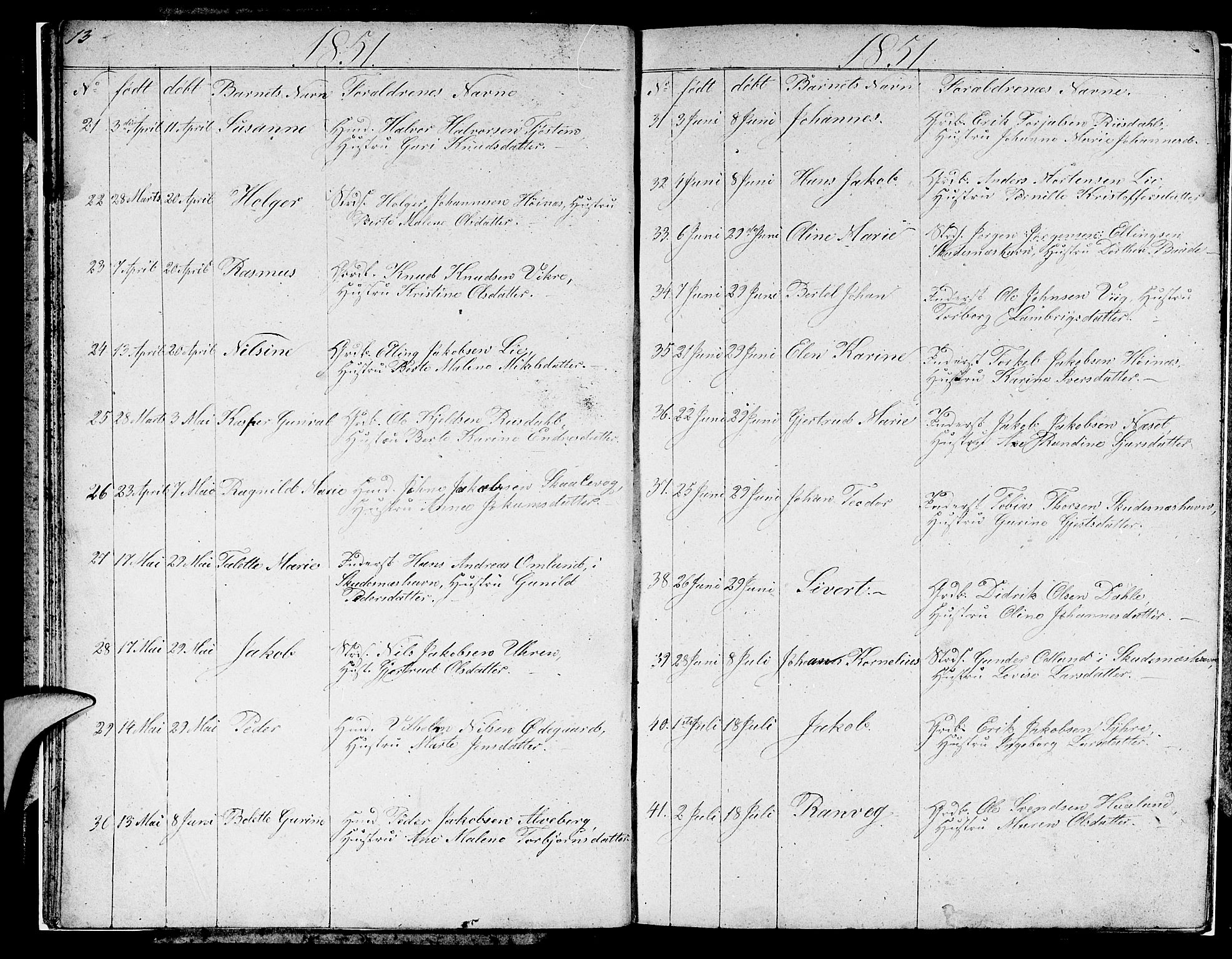 Skudenes sokneprestkontor, AV/SAST-A -101849/H/Ha/Hab/L0001: Parish register (copy) no. B 1, 1848-1864, p. 13