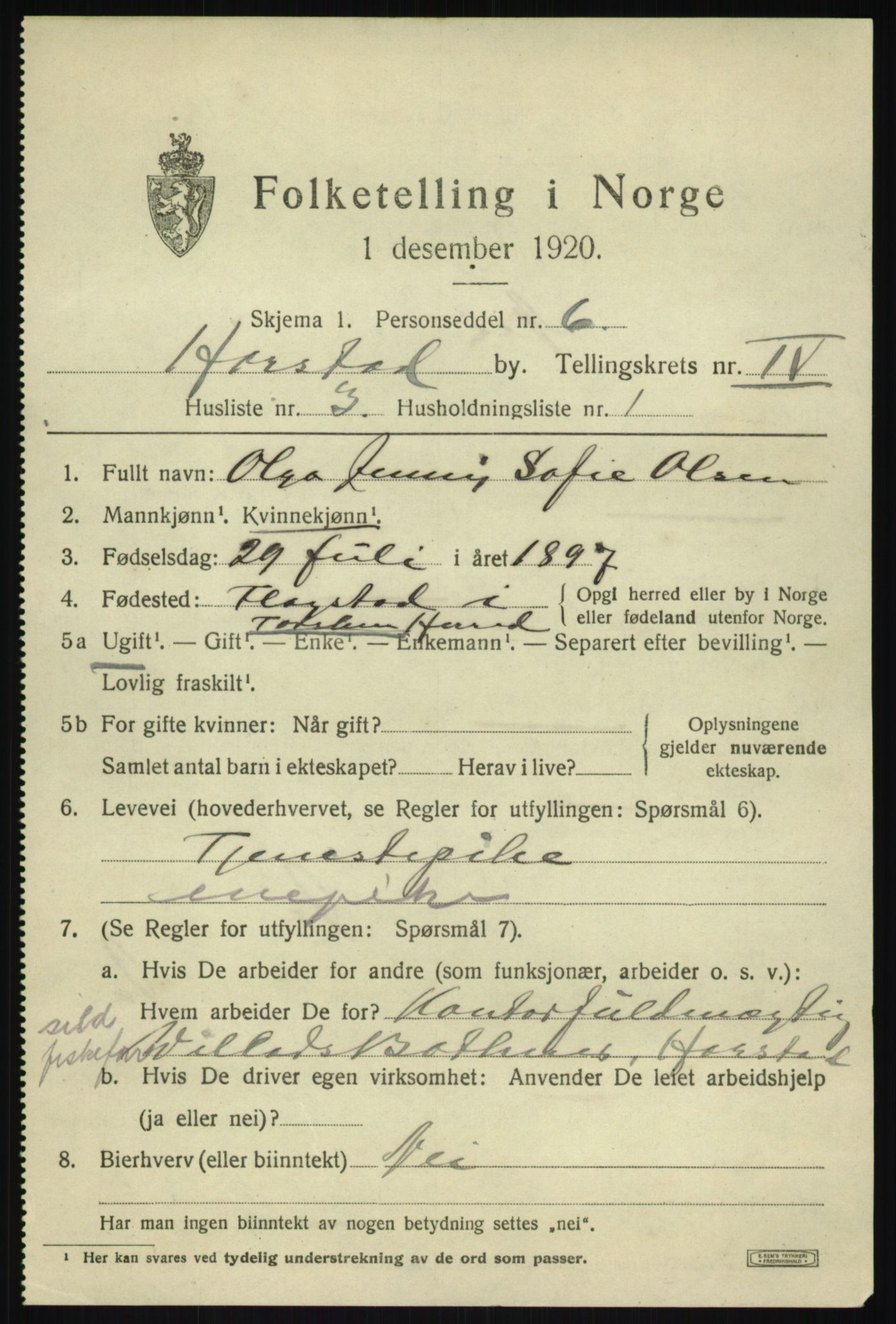 SATØ, 1920 census for Harstad, 1920, p. 5196