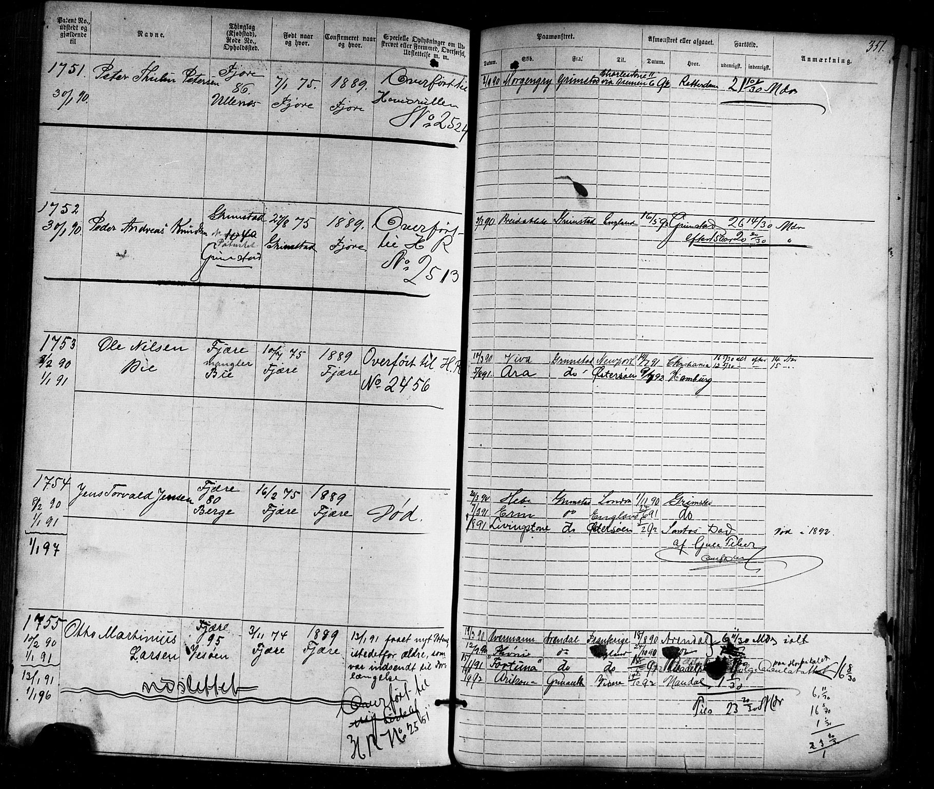 Grimstad mønstringskrets, SAK/2031-0013/F/Fa/L0005: Annotasjonsrulle nr 1-1910 med register, V-18, 1870-1892, p. 390