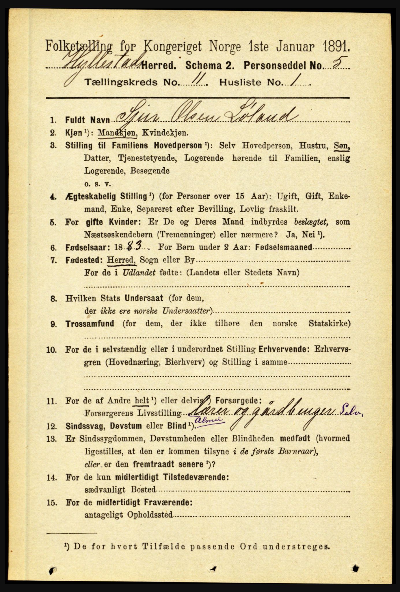 RA, 1891 census for 1413 Hyllestad, 1891, p. 2033