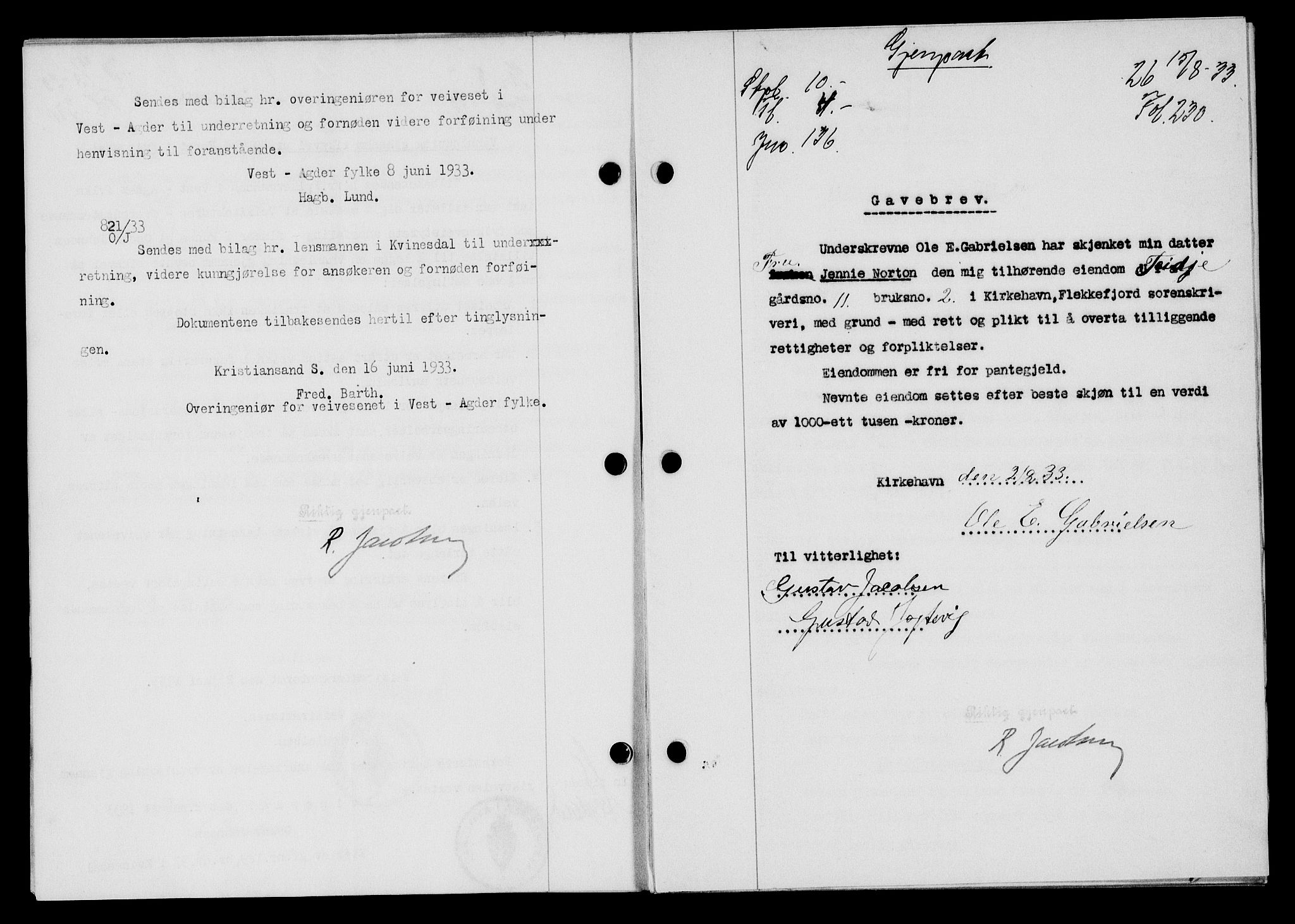 Flekkefjord sorenskriveri, AV/SAK-1221-0001/G/Gb/Gba/L0049: Mortgage book no. 46, 1933-1934, Deed date: 15.08.1933