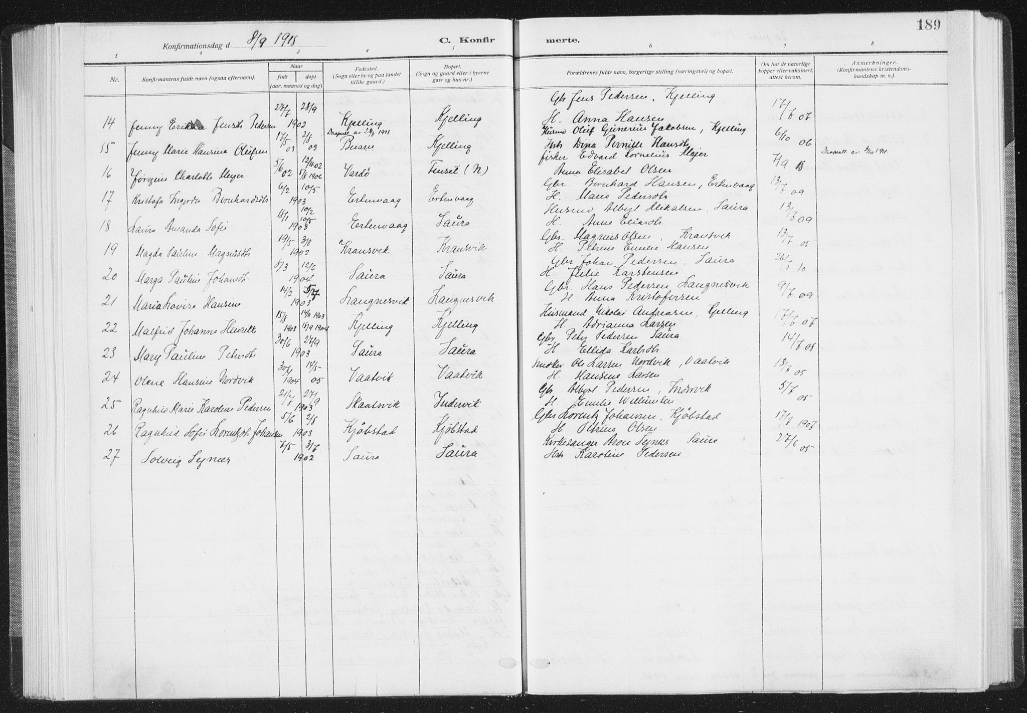 Ministerialprotokoller, klokkerbøker og fødselsregistre - Nordland, SAT/A-1459/805/L0104: Parish register (official) no. 805A09, 1909-1926, p. 189