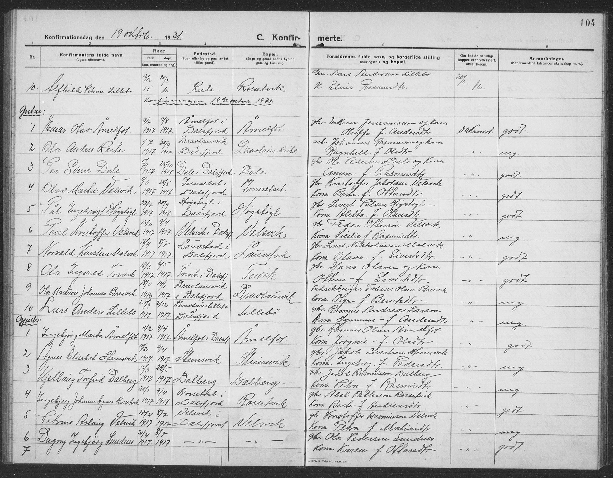 Ministerialprotokoller, klokkerbøker og fødselsregistre - Møre og Romsdal, AV/SAT-A-1454/512/L0169: Parish register (copy) no. 512C01, 1910-1935, p. 104