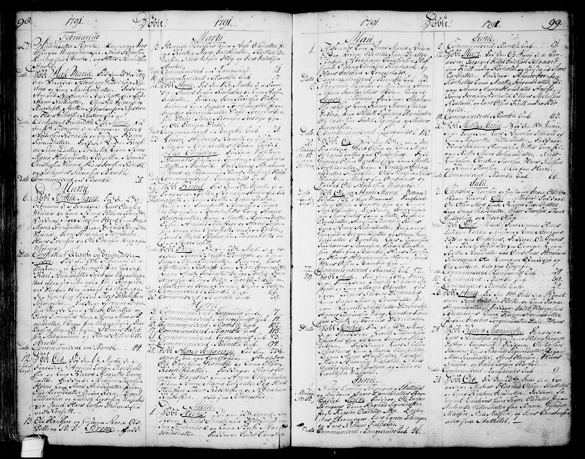Bamble kirkebøker, SAKO/A-253/F/Fa/L0002: Parish register (official) no. I 2, 1775-1814, p. 98-99