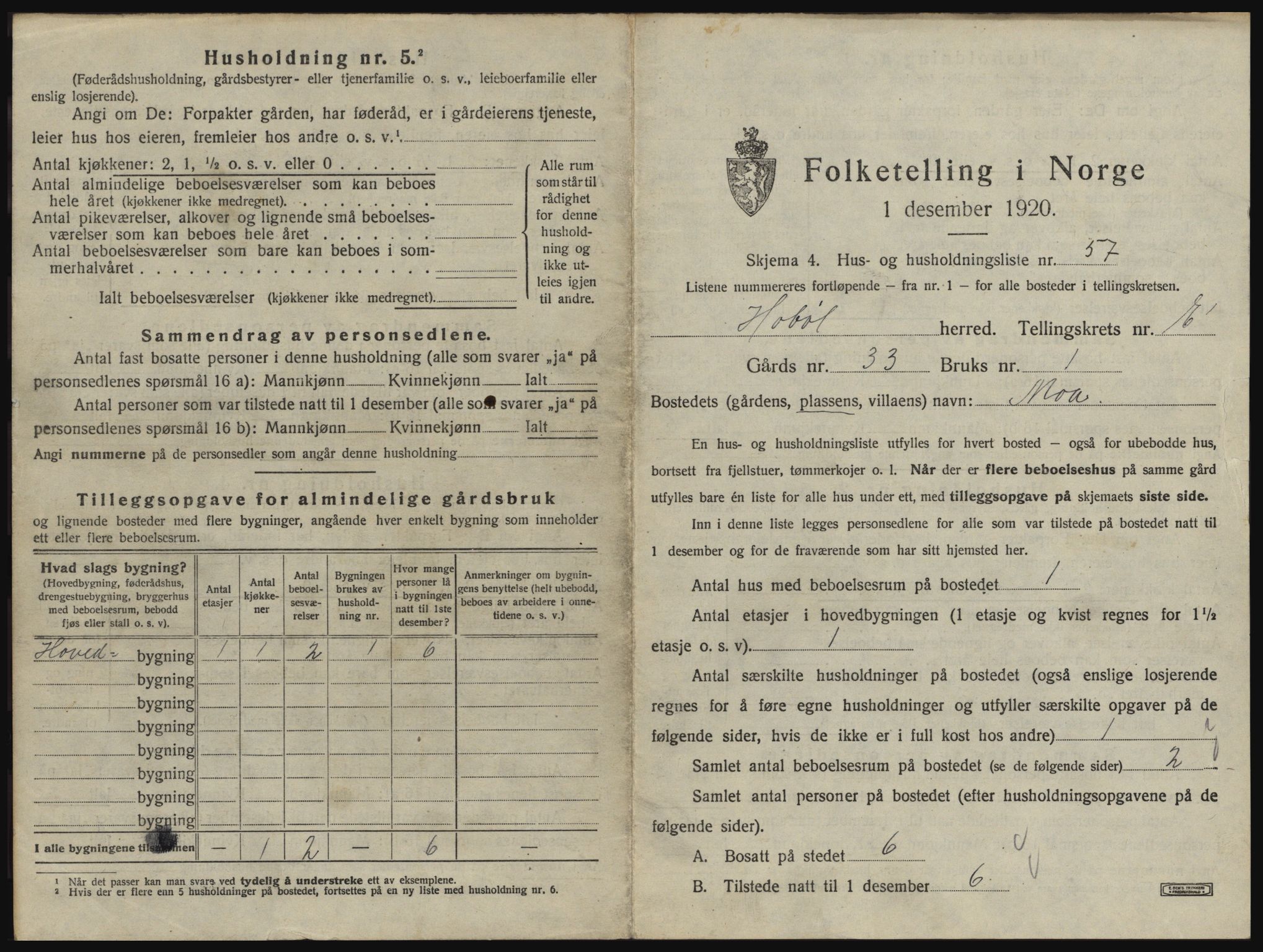 SAO, 1920 census for Hobøl, 1920, p. 884