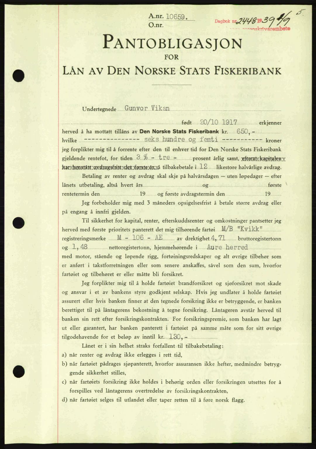 Nordmøre sorenskriveri, AV/SAT-A-4132/1/2/2Ca: Mortgage book no. B86, 1939-1940, Diary no: : 2448/1939