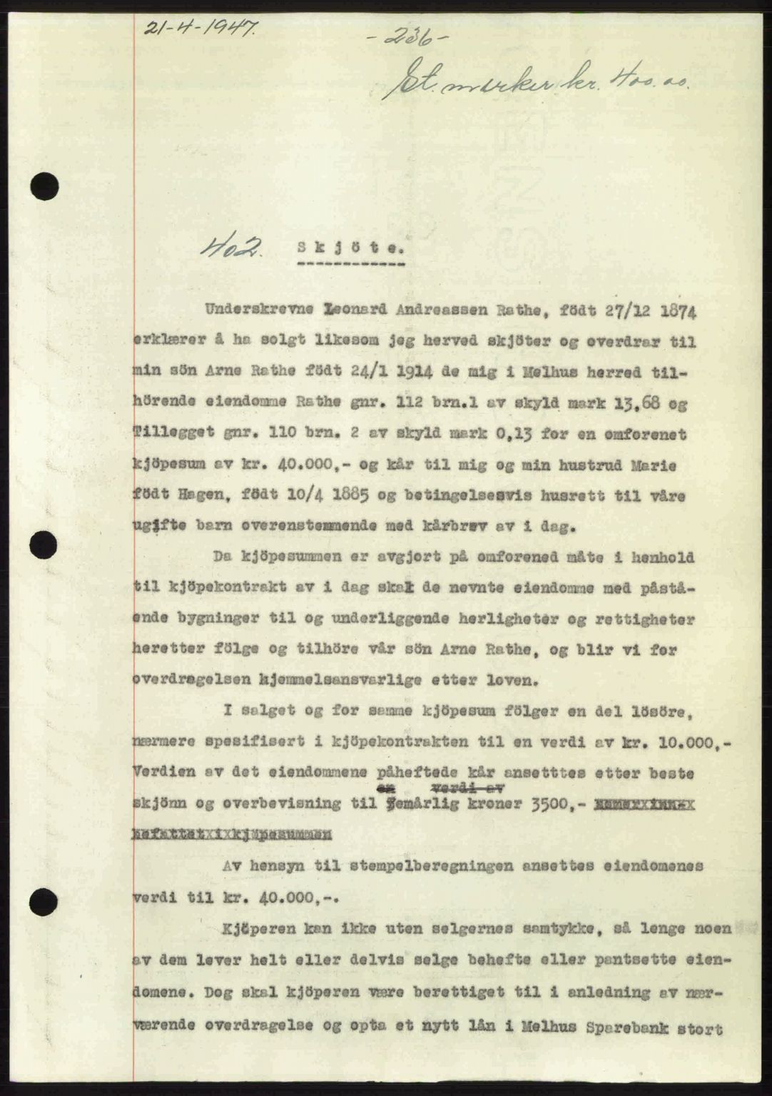 Gauldal sorenskriveri, SAT/A-0014/1/2/2C: Mortgage book no. A3, 1947-1947, Diary no: : 402/1947