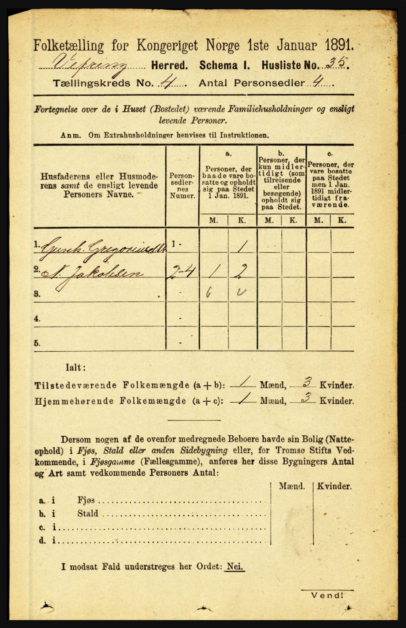 RA, 1891 census for 1434 Vevring, 1891, p. 1183