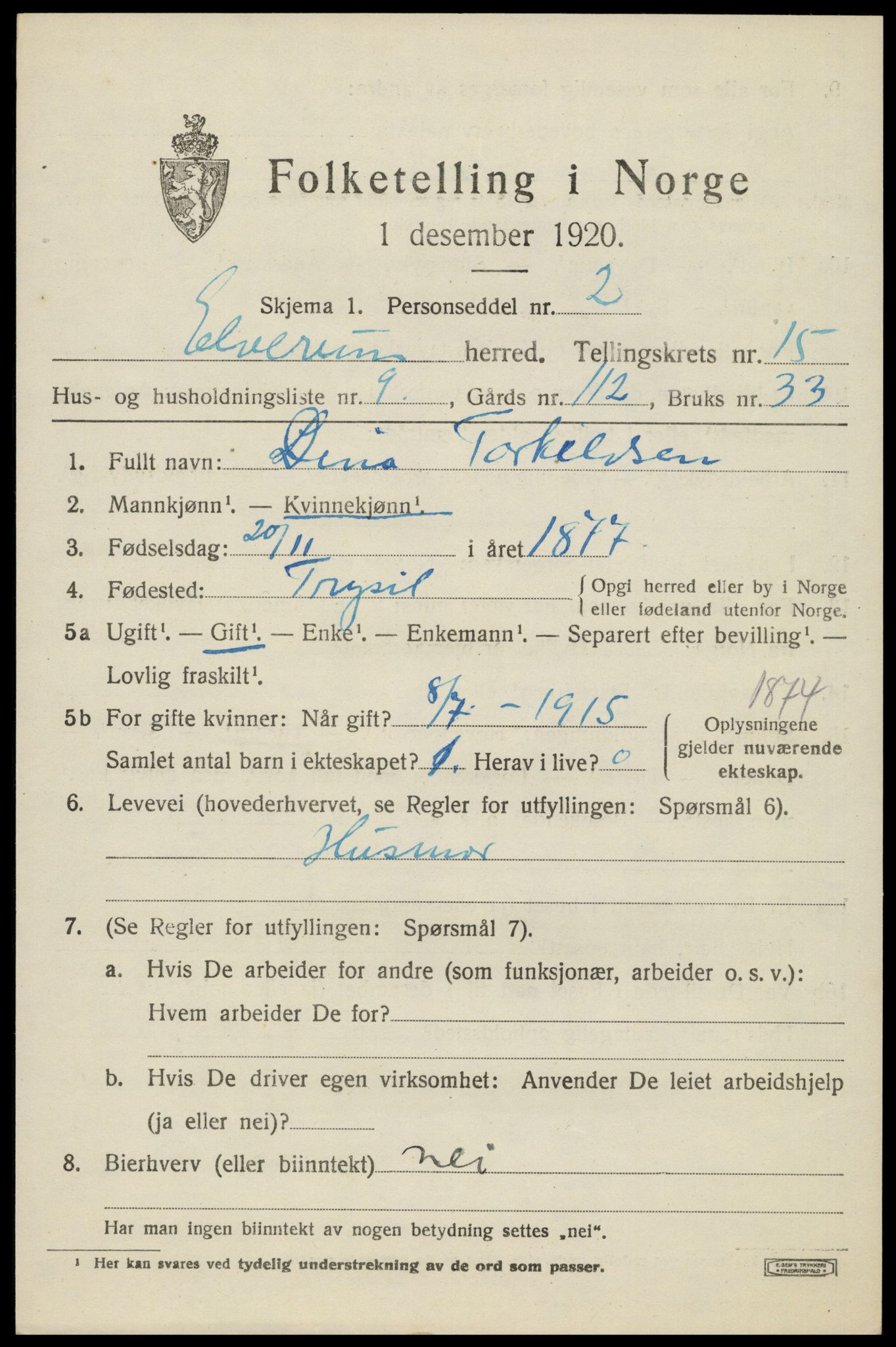 SAH, 1920 census for Elverum, 1920, p. 19354