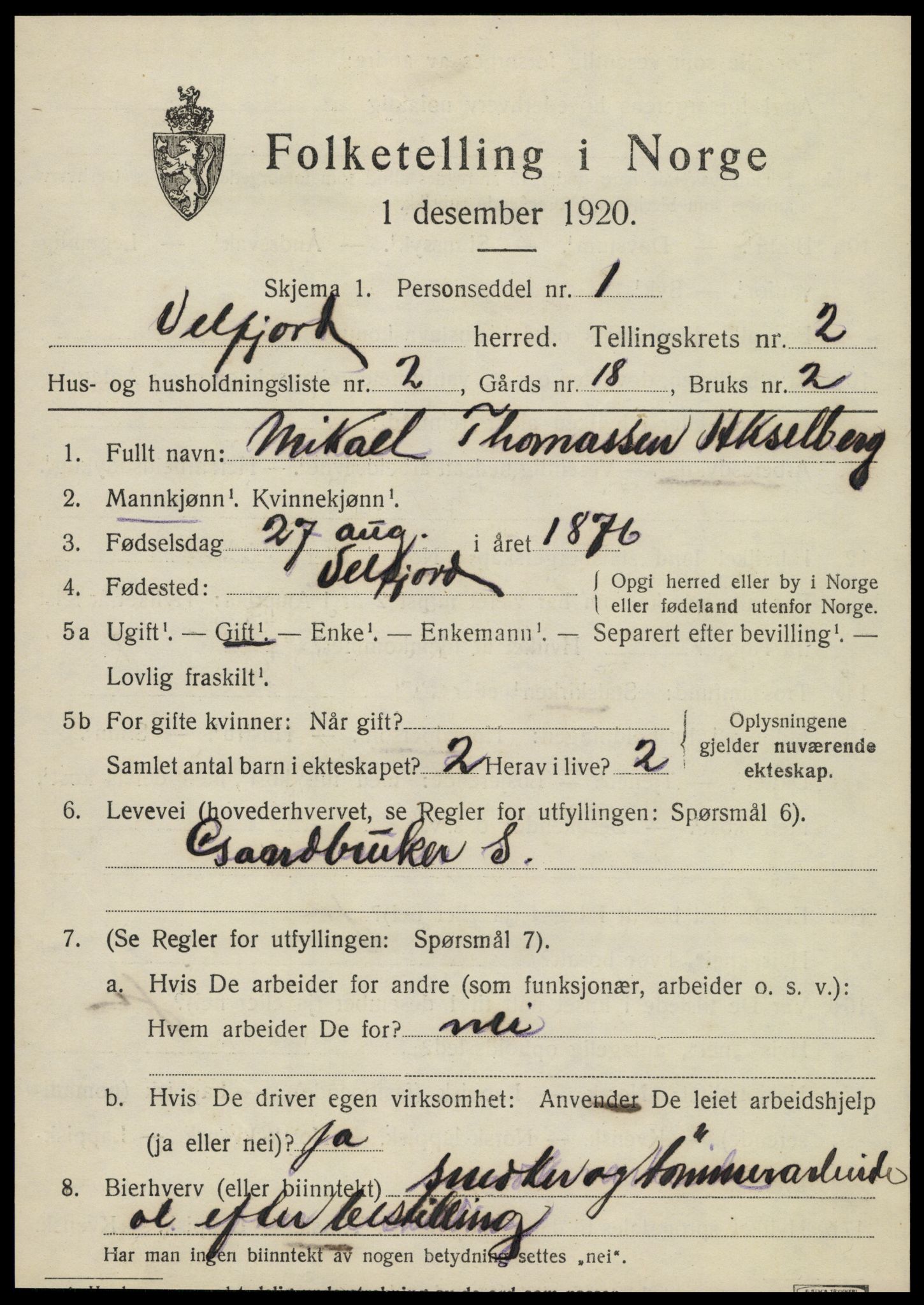 SAT, 1920 census for Velfjord, 1920, p. 1217