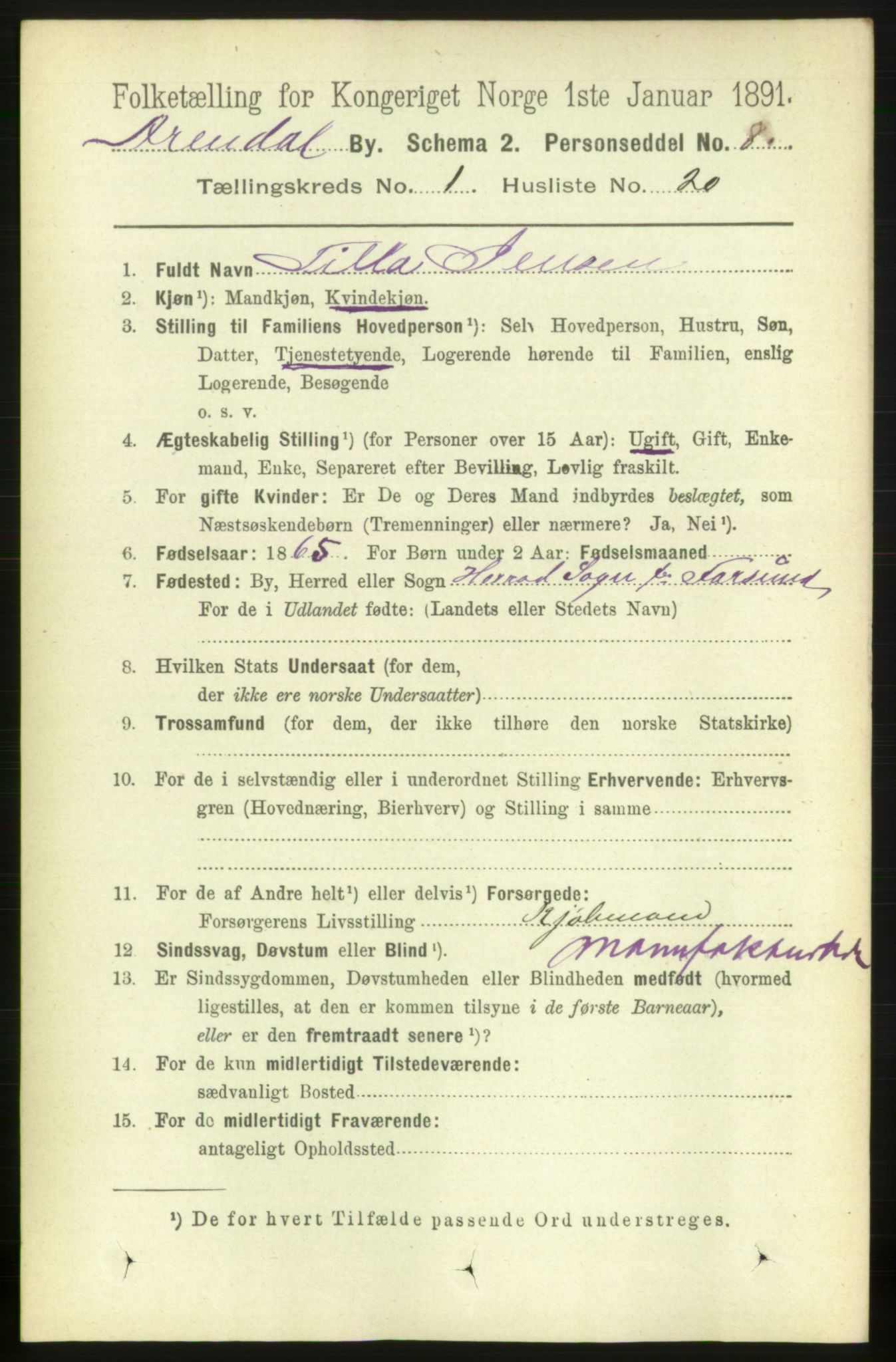 RA, 1891 census for 0903 Arendal, 1891, p. 1206