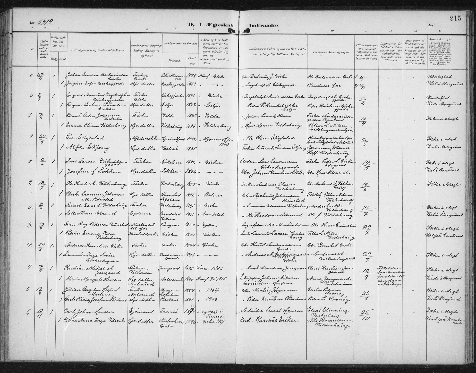 Ministerialprotokoller, klokkerbøker og fødselsregistre - Møre og Romsdal, AV/SAT-A-1454/534/L0489: Parish register (copy) no. 534C01, 1899-1941, p. 215