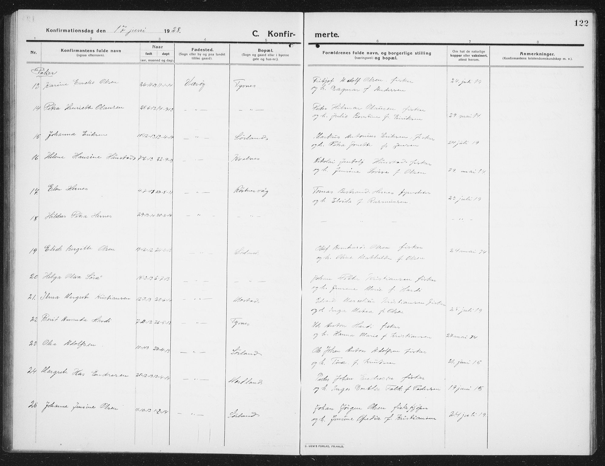 Ministerialprotokoller, klokkerbøker og fødselsregistre - Nordland, AV/SAT-A-1459/807/L0124: Parish register (copy) no. 807C02, 1910-1935, p. 122