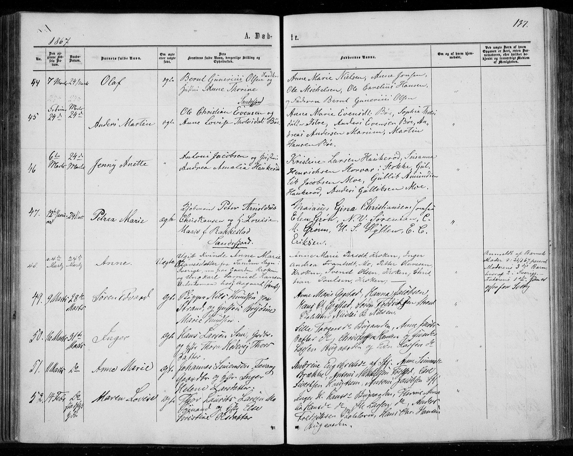 Sandar kirkebøker, SAKO/A-243/F/Fa/L0008: Parish register (official) no. 8, 1862-1871, p. 137