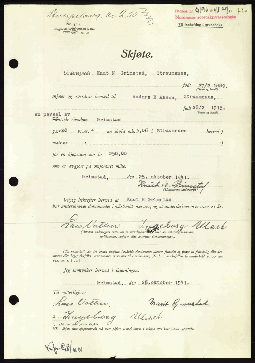 Nordmøre sorenskriveri, AV/SAT-A-4132/1/2/2Ca: Mortgage book no. A91, 1941-1942, Diary no: : 2196/1941