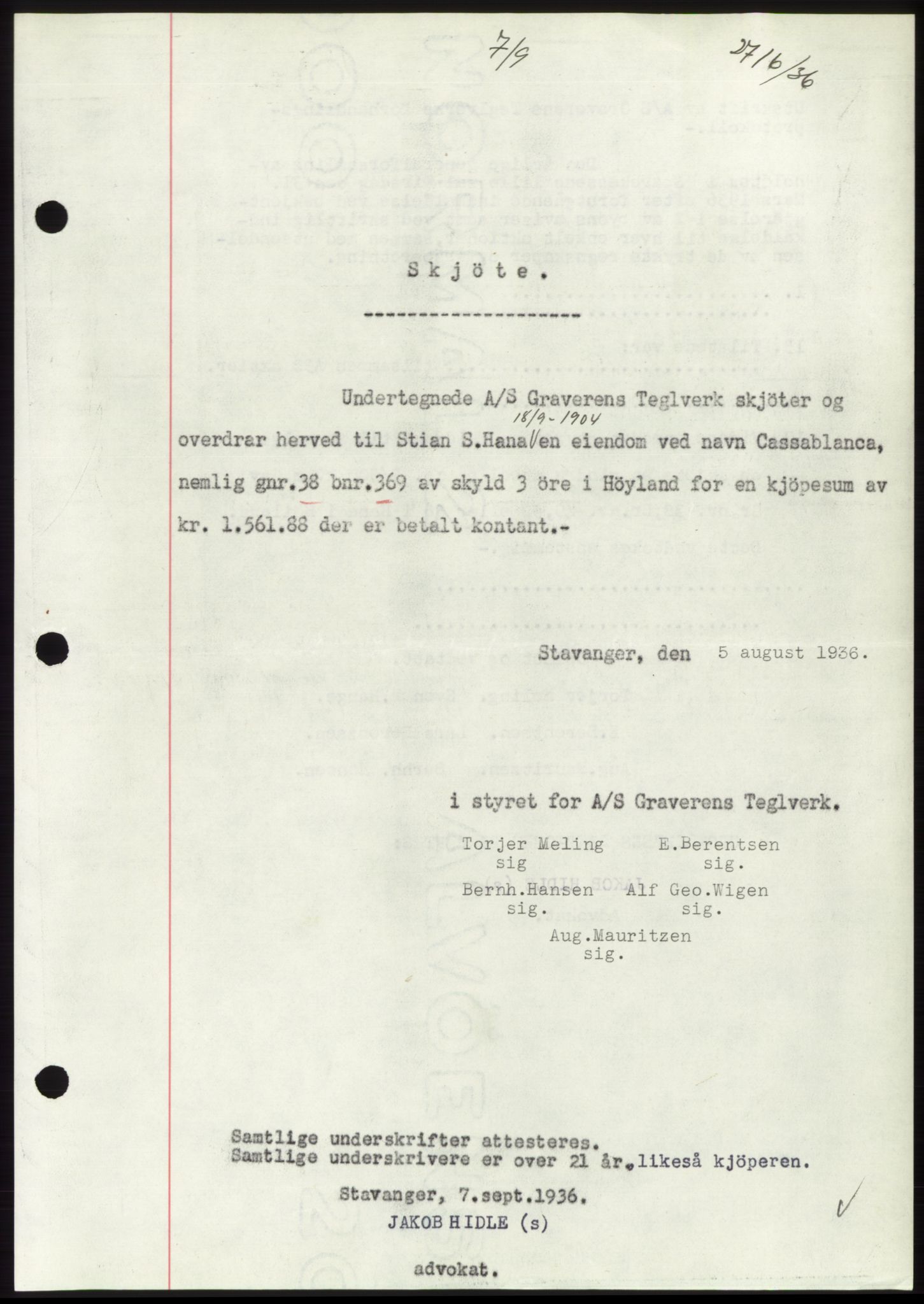 Jæren sorenskriveri, AV/SAST-A-100310/03/G/Gba/L0066: Mortgage book no. 71-72, 1936-1936, Diary no: : 2716/1936