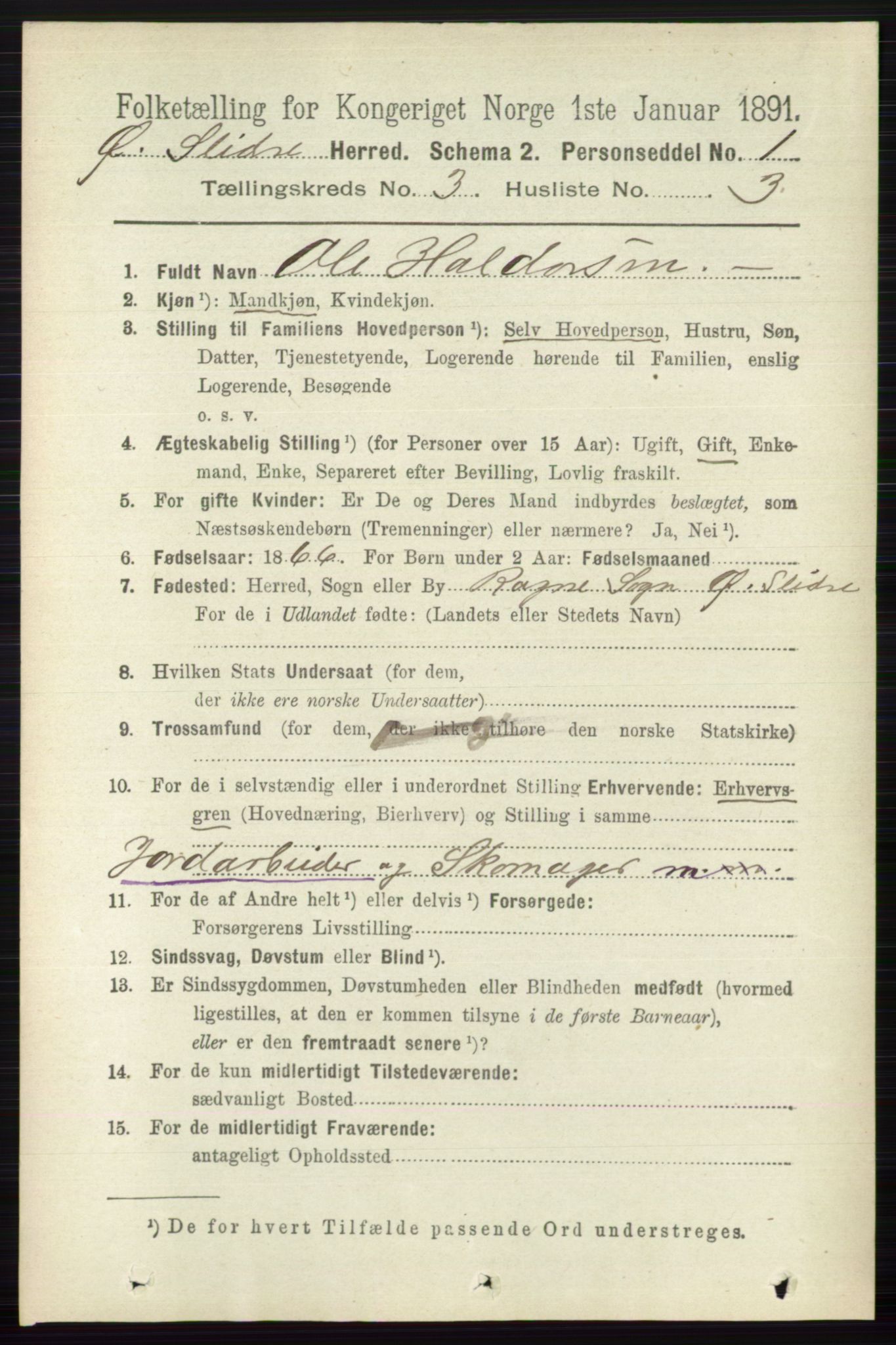 RA, 1891 census for 0544 Øystre Slidre, 1891, p. 614