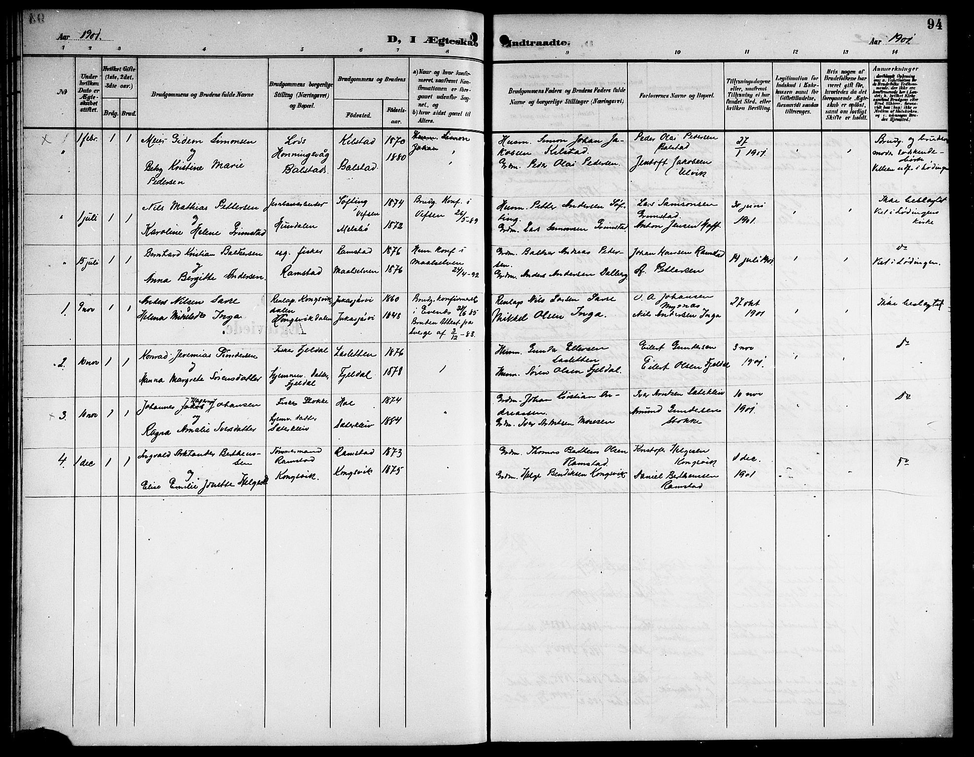 Ministerialprotokoller, klokkerbøker og fødselsregistre - Nordland, AV/SAT-A-1459/865/L0932: Parish register (copy) no. 865C04, 1901-1917, p. 94