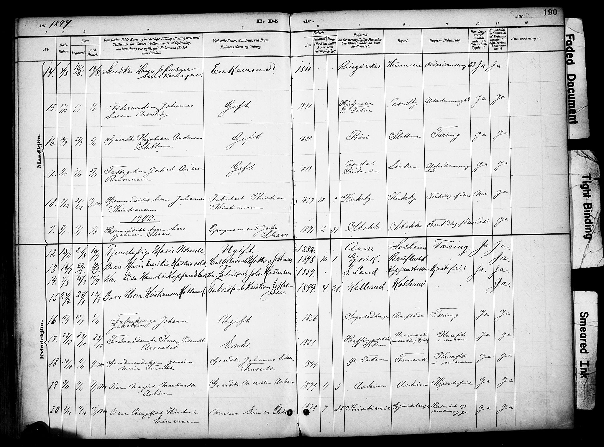 Vardal prestekontor, SAH/PREST-100/H/Ha/Haa/L0012: Parish register (official) no. 12, 1893-1904, p. 190