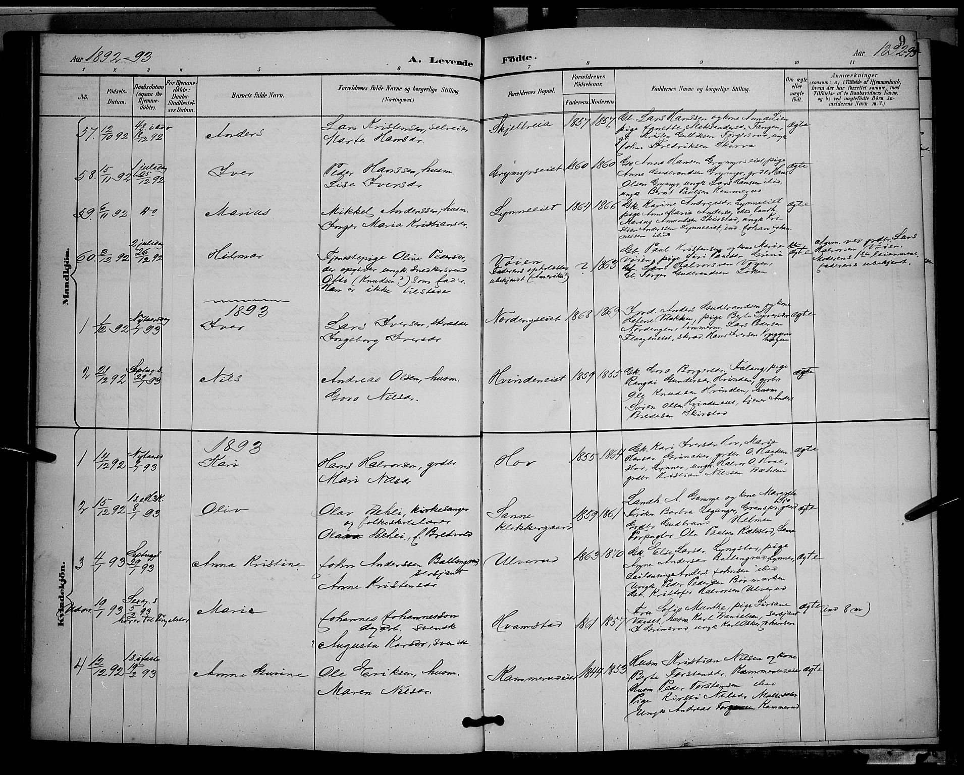 Gran prestekontor, SAH/PREST-112/H/Ha/Hab/L0005: Parish register (copy) no. 5, 1892-1900, p. 9