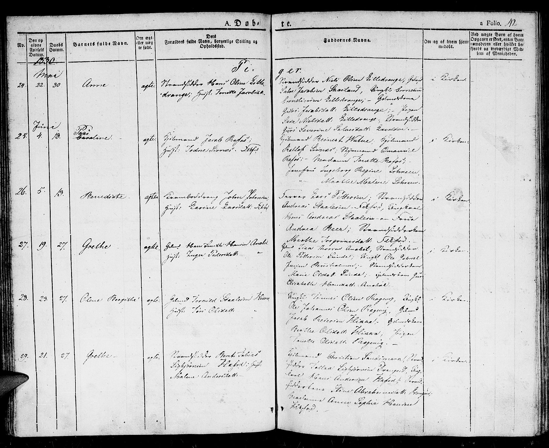 Flekkefjord sokneprestkontor, AV/SAK-1111-0012/F/Fb/Fbc/L0004: Parish register (copy) no. B 4, 1827-1846, p. 42
