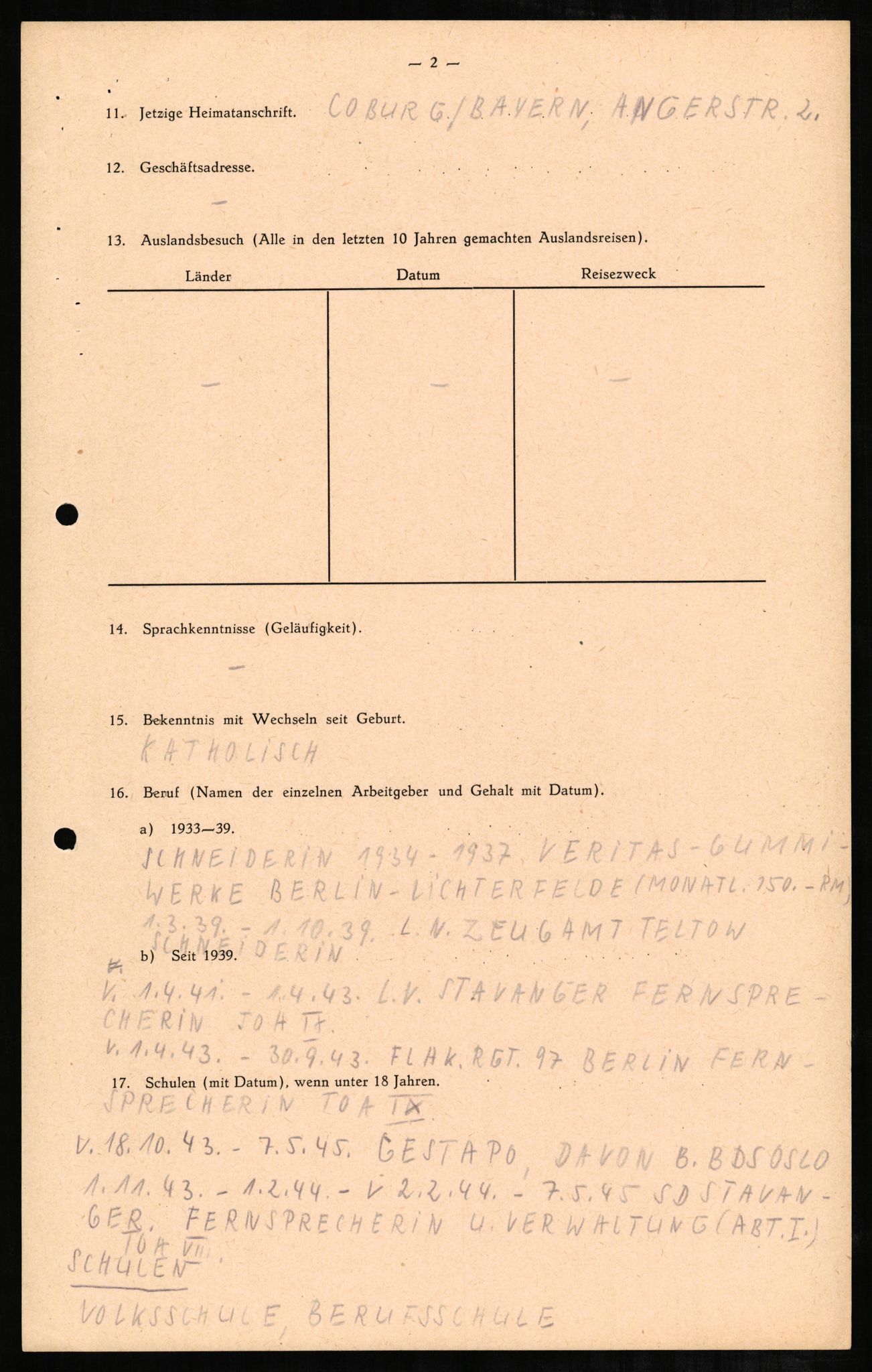 Forsvaret, Forsvarets overkommando II, RA/RAFA-3915/D/Db/L0002: CI Questionaires. Tyske okkupasjonsstyrker i Norge. Tyskere., 1945-1946, p. 71