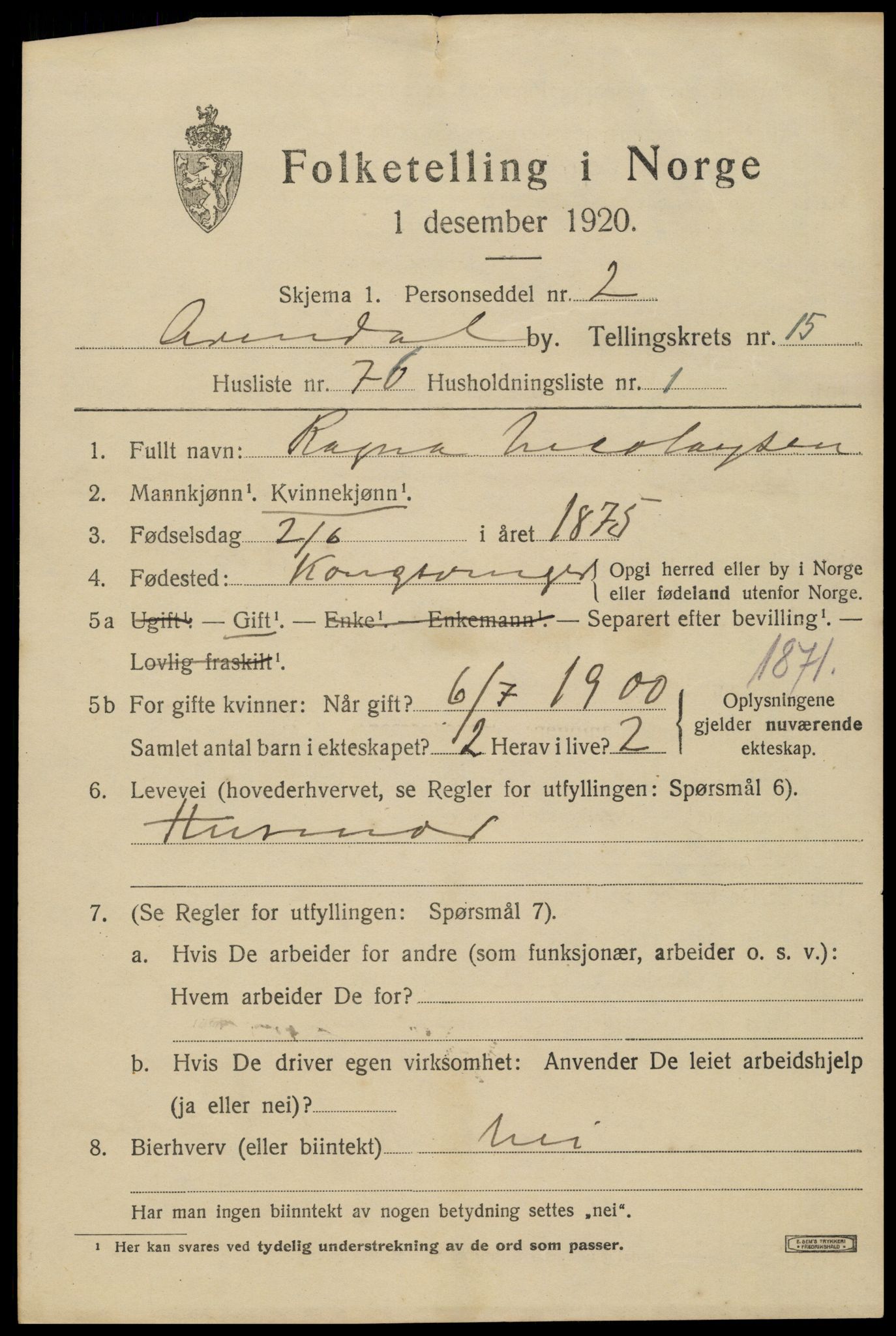 SAK, 1920 census for Arendal, 1920, p. 23304