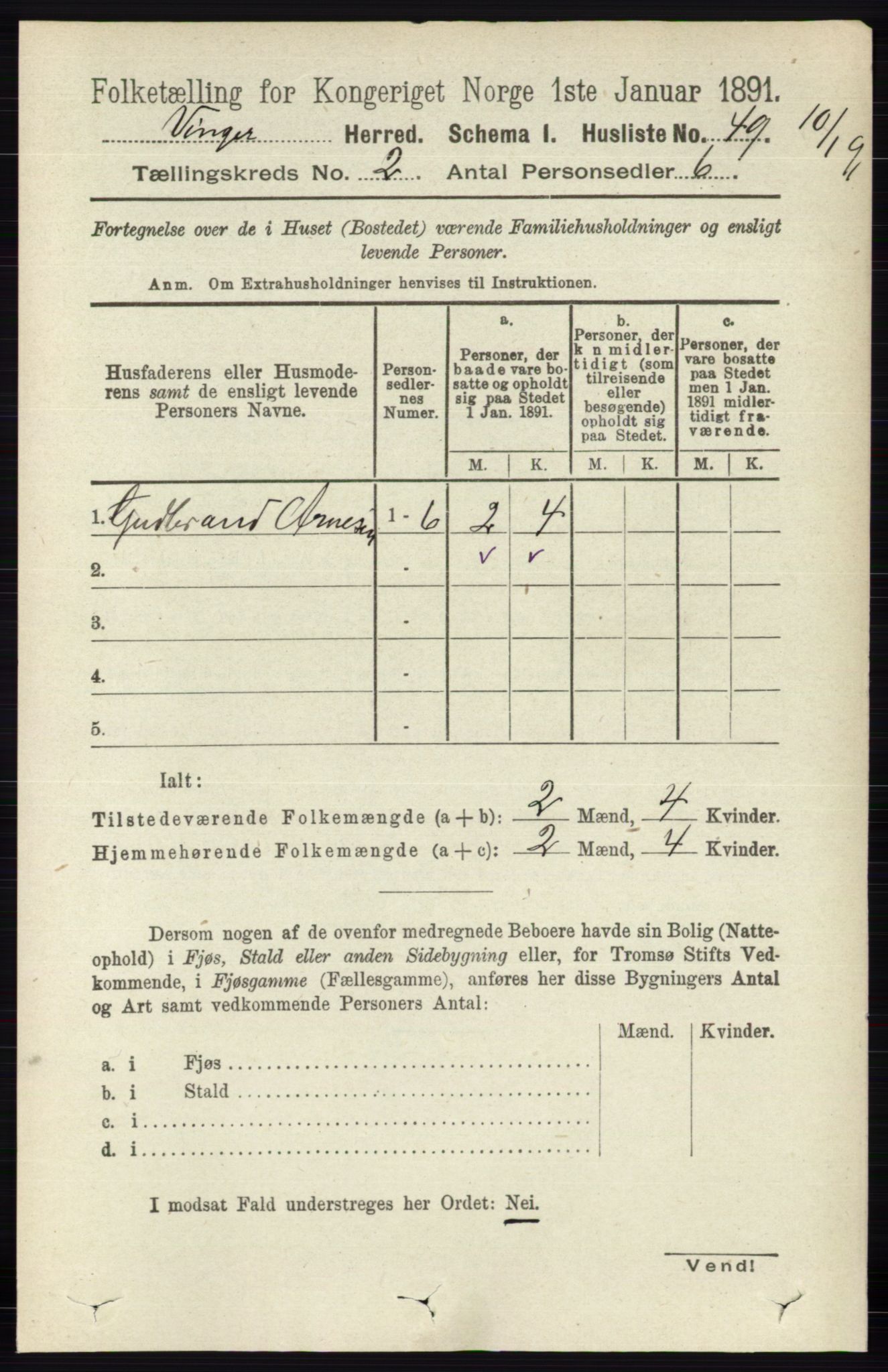 RA, 1891 census for 0421 Vinger, 1891, p. 452