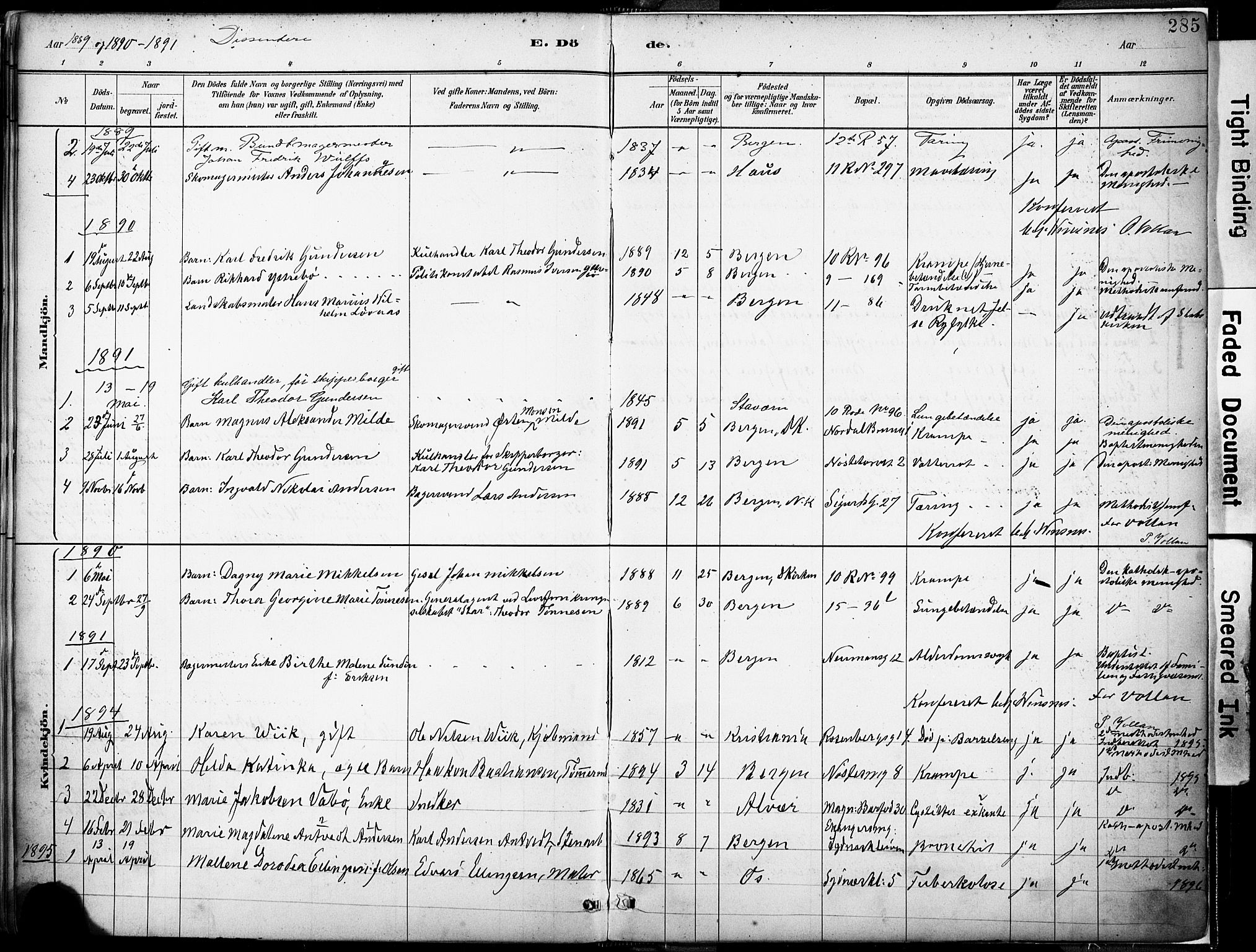 Domkirken sokneprestembete, SAB/A-74801/H/Haa/L0043: Parish register (official) no. E 5, 1882-1904, p. 285