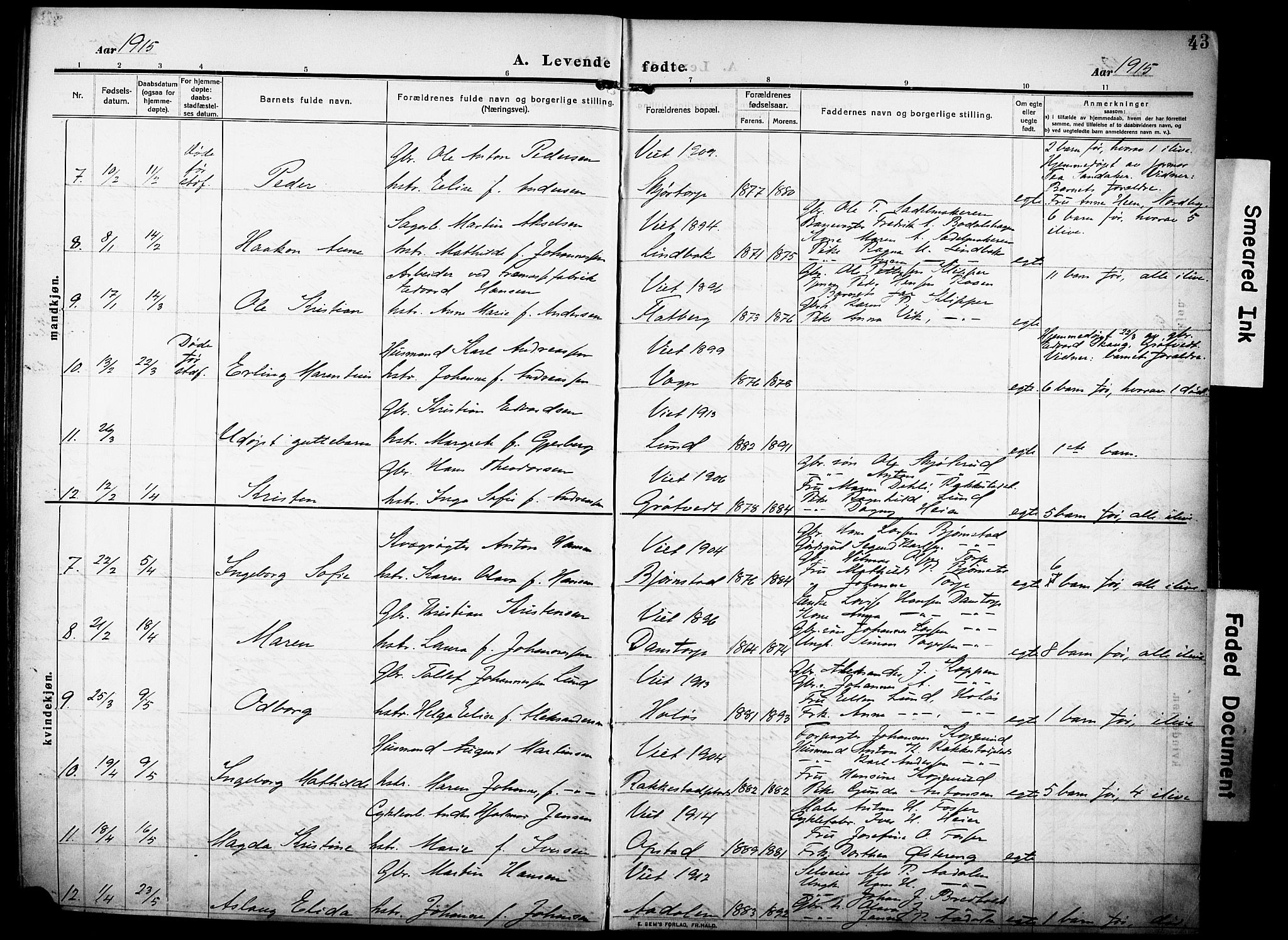 Rakkestad prestekontor Kirkebøker, AV/SAO-A-2008/F/Fa/L0015: Parish register (official) no. I 15, 1909-1922, p. 43