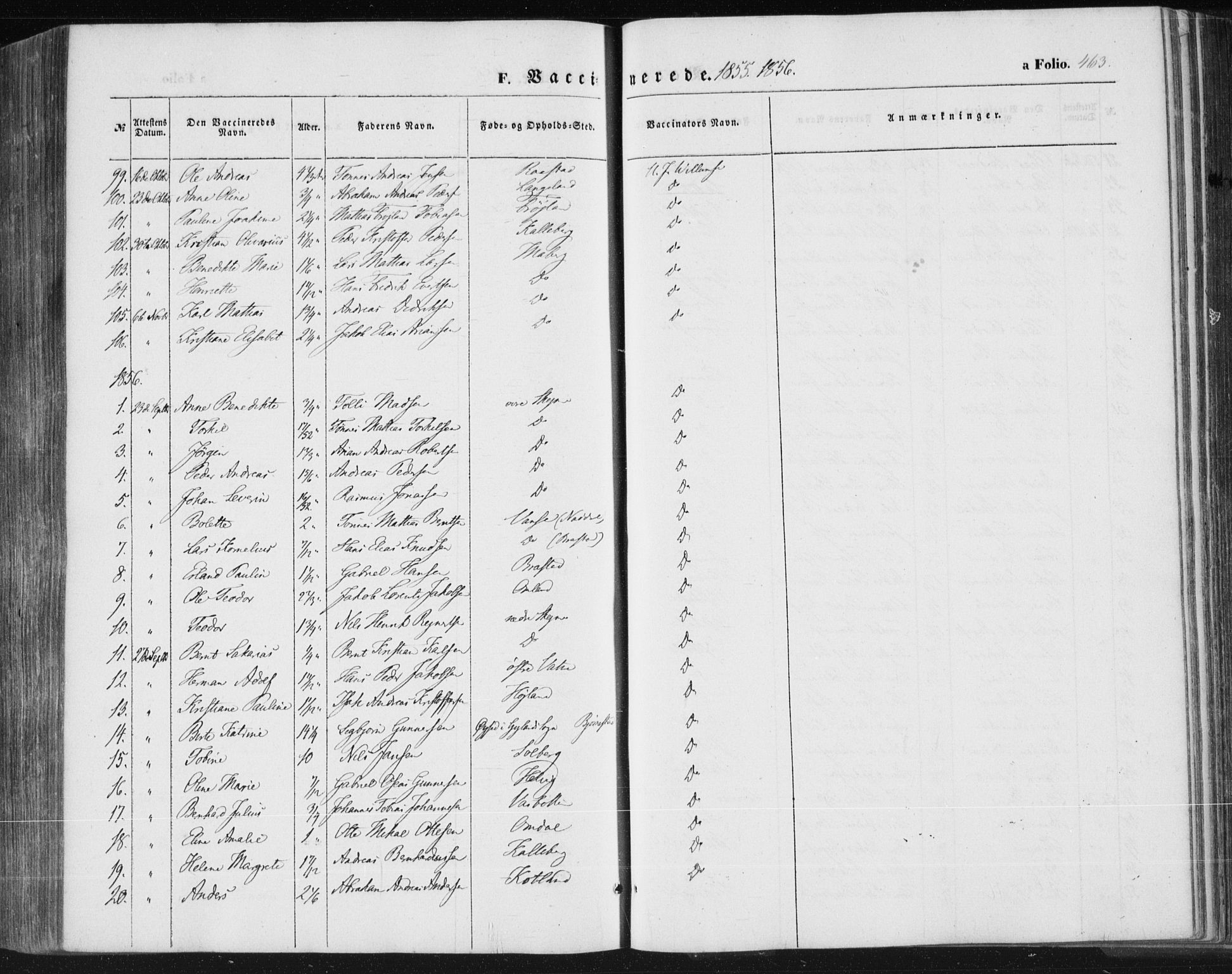 Lista sokneprestkontor, SAK/1111-0027/F/Fa/L0010: Parish register (official) no. A 10, 1846-1861, p. 463