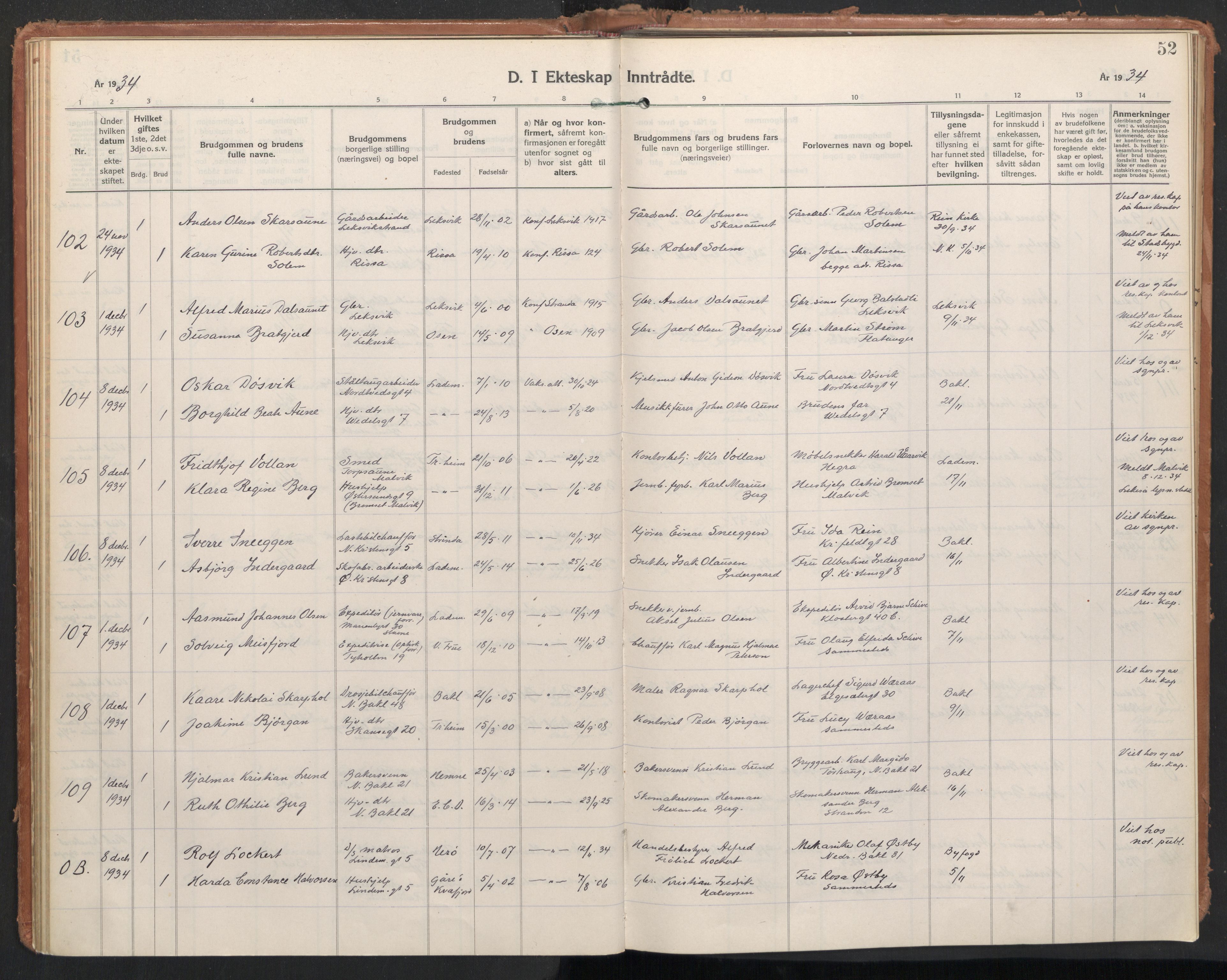 Ministerialprotokoller, klokkerbøker og fødselsregistre - Sør-Trøndelag, SAT/A-1456/604/L0209: Parish register (official) no. 604A29, 1931-1945, p. 52
