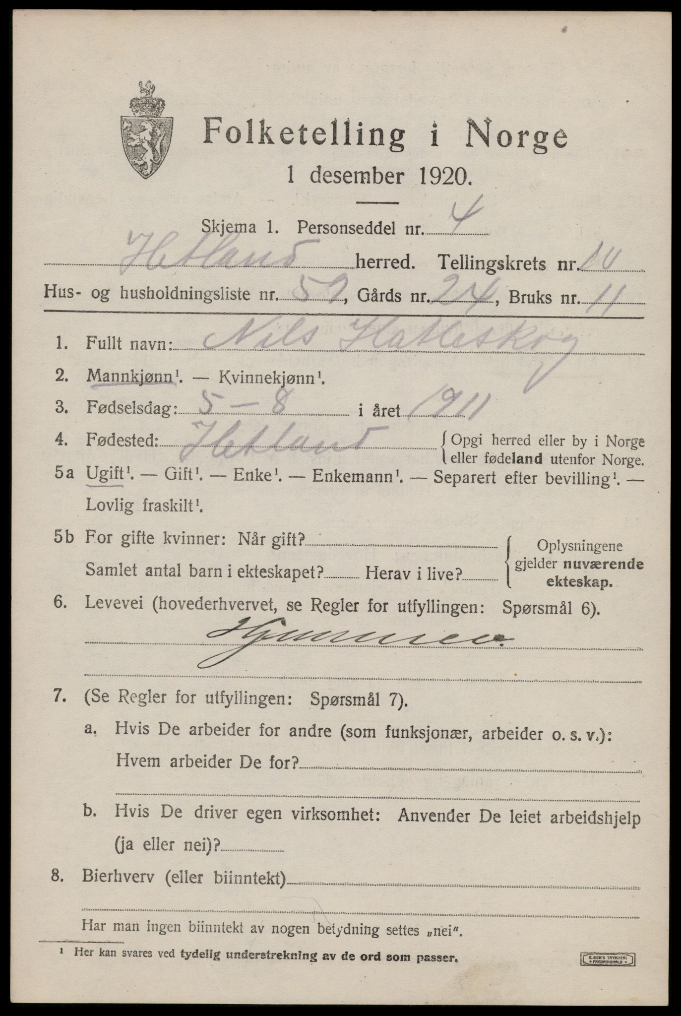 SAST, 1920 census for Hetland, 1920, p. 19751