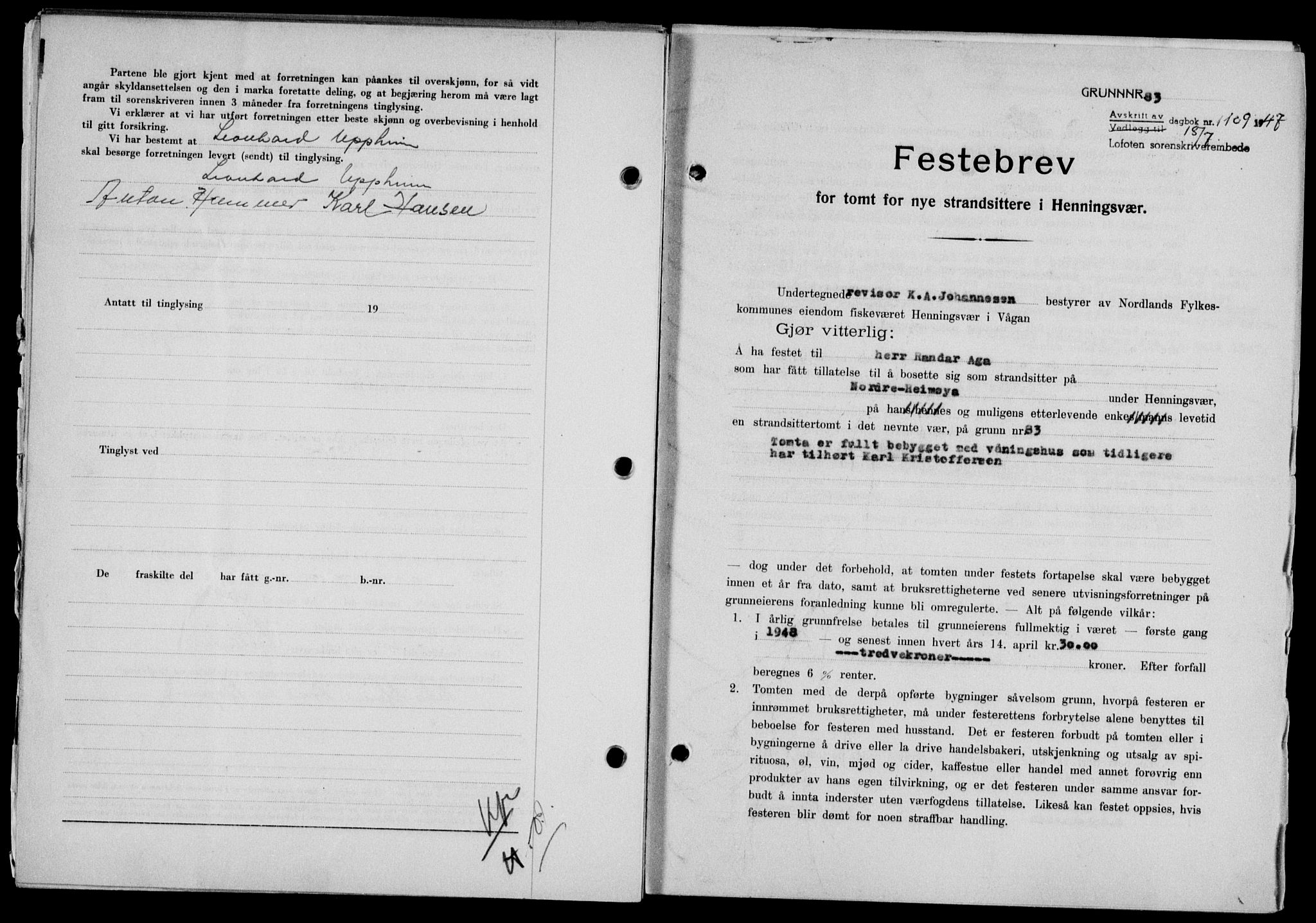 Lofoten sorenskriveri, SAT/A-0017/1/2/2C/L0016a: Mortgage book no. 16a, 1947-1947, Diary no: : 1109/1947