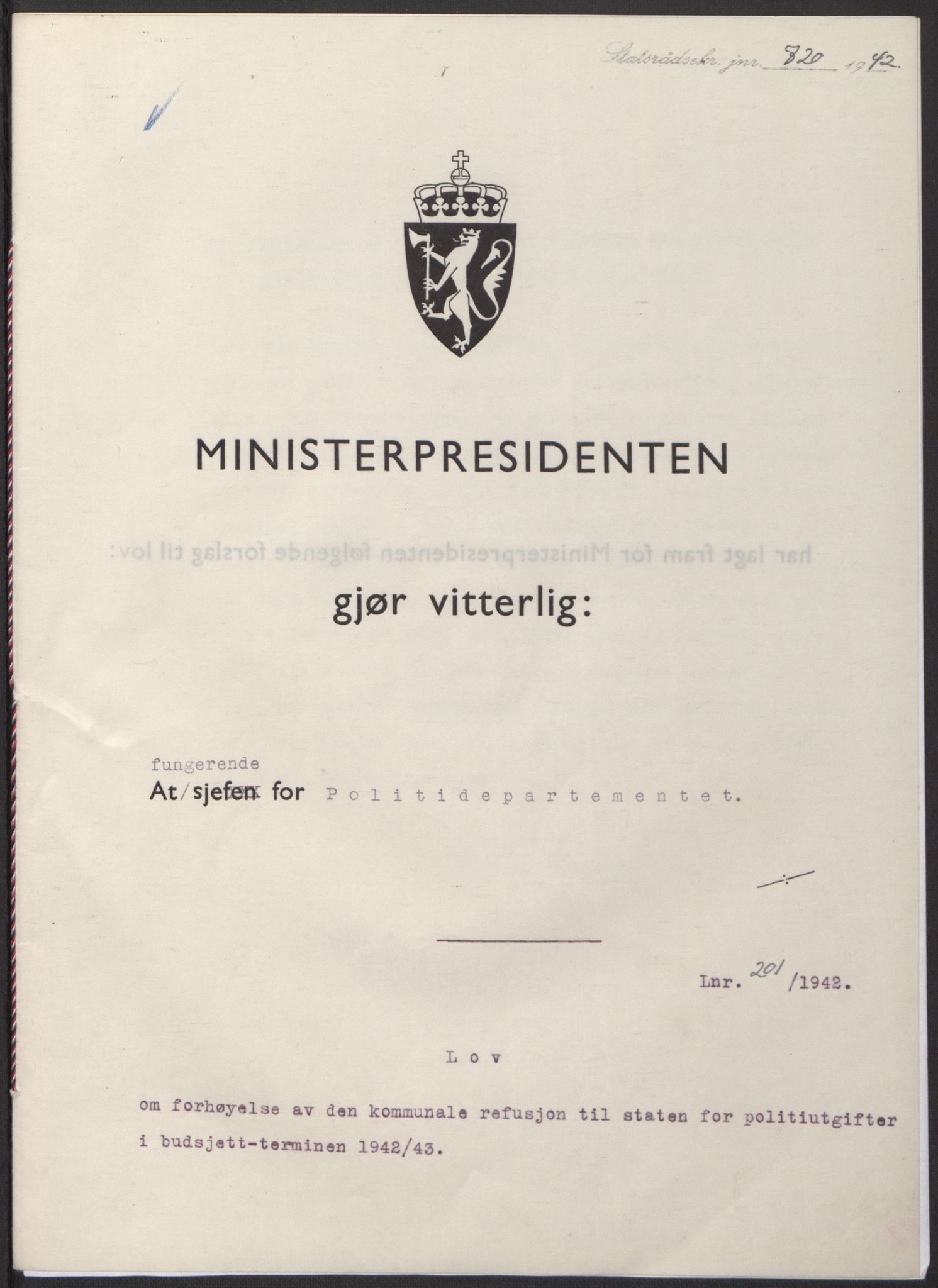 NS-administrasjonen 1940-1945 (Statsrådsekretariatet, de kommisariske statsråder mm), RA/S-4279/D/Db/L0098: Lover II, 1942, p. 426