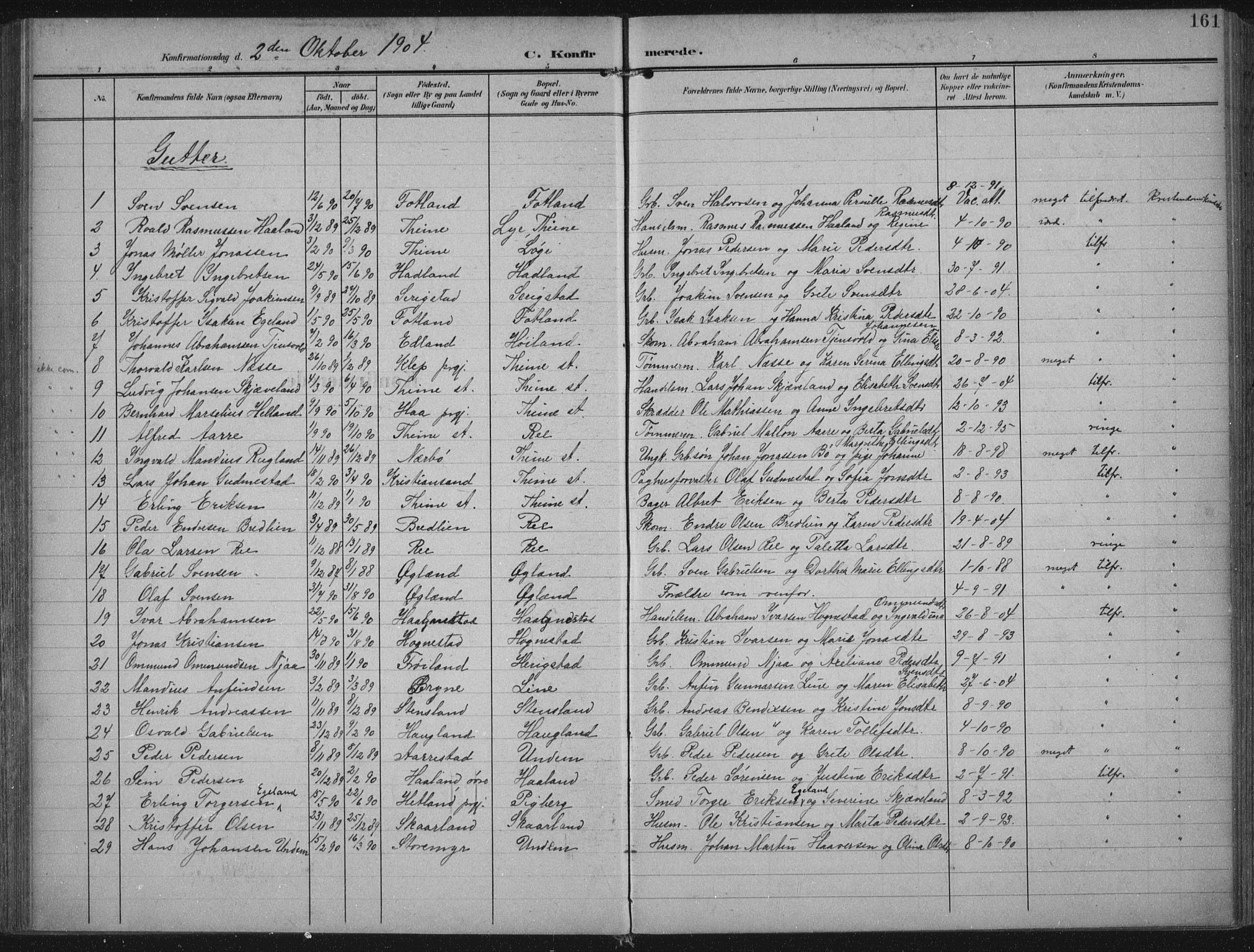 Lye sokneprestkontor, SAST/A-101794/002/A/L0001: Parish register (official) no. A 12, 1904-1920, p. 161