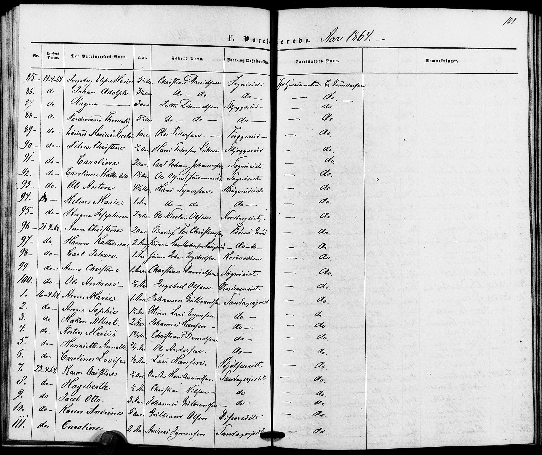 Vestre Aker prestekontor Kirkebøker, AV/SAO-A-10025/K/Ka/L0001: Vaccination register no. 1, 1857-1867, p. 101