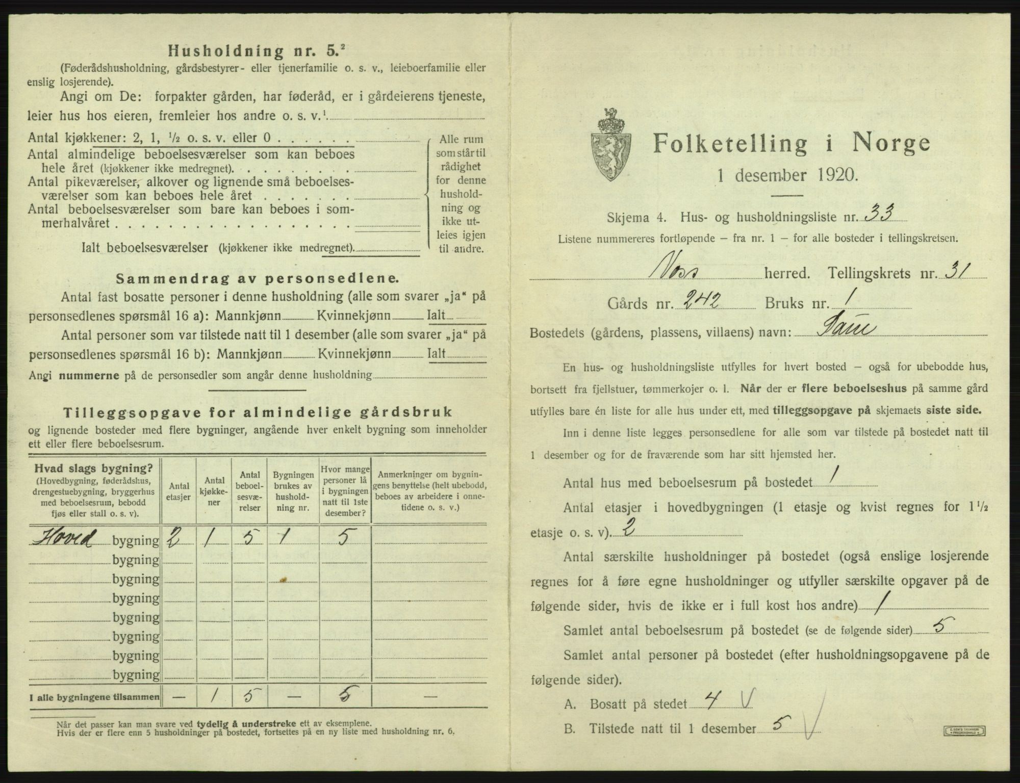 SAB, 1920 census for Voss, 1920, p. 2751