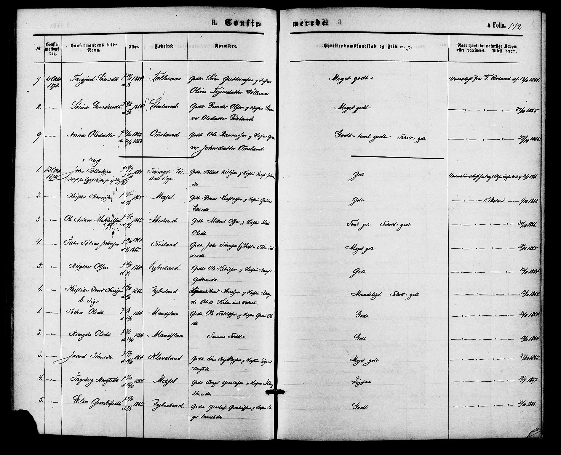 Bjelland sokneprestkontor, SAK/1111-0005/F/Fa/Fab/L0003: Parish register (official) no. A 3, 1870-1887, p. 142
