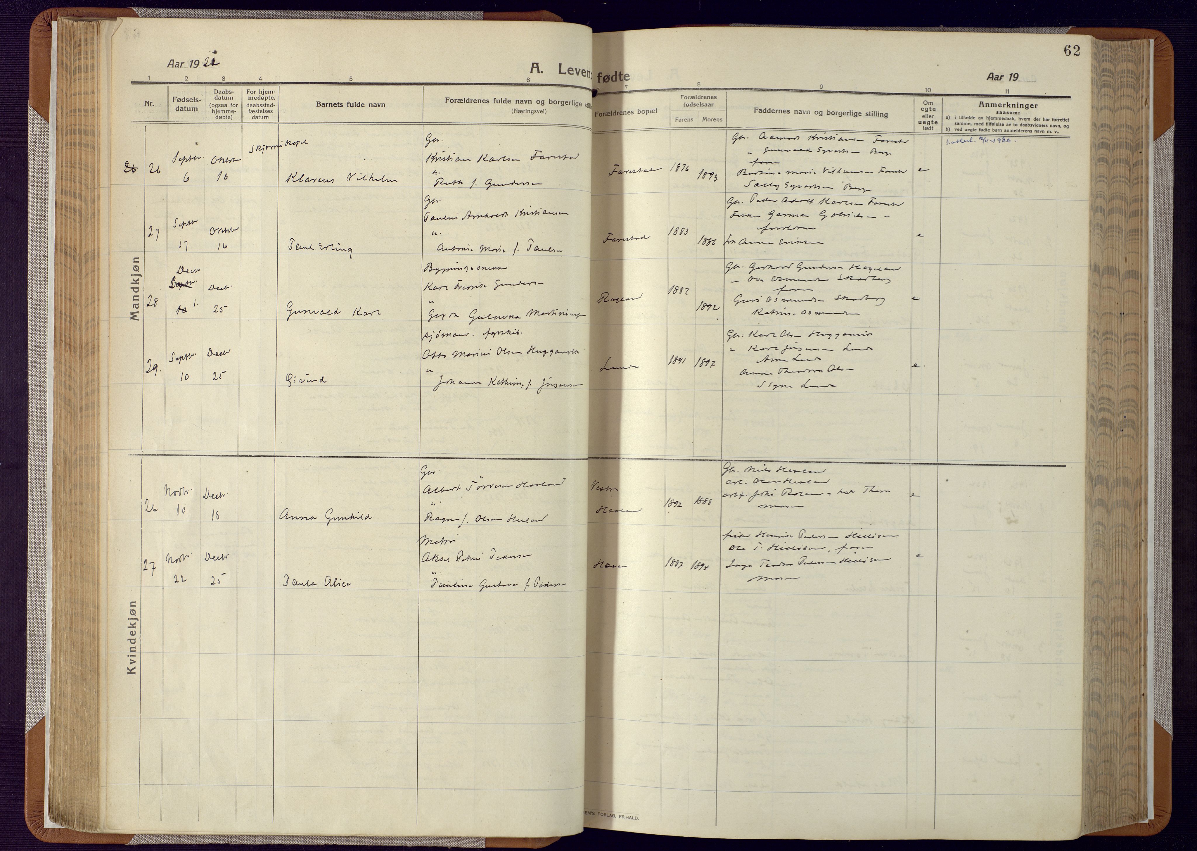 Mandal sokneprestkontor, AV/SAK-1111-0030/F/Fa/Faa/L0022: Parish register (official) no. A 22, 1913-1925, p. 62