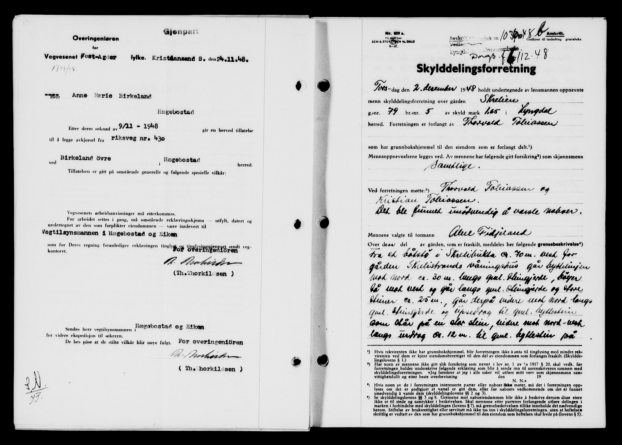 Lyngdal sorenskriveri, AV/SAK-1221-0004/G/Gb/L0663: Mortgage book no. A IX, 1948-1949, Diary no: : 1036/1948