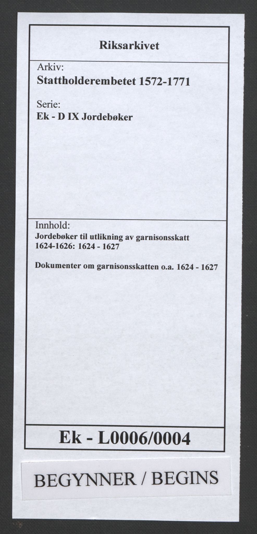 Stattholderembetet 1572-1771, RA/EA-2870/Ek/L0006/0004: Jordebøker til utlikning av garnisonsskatt 1624-1626: / Dokumenter om garnisonsskatten o.a., 1624-1627, p. 1