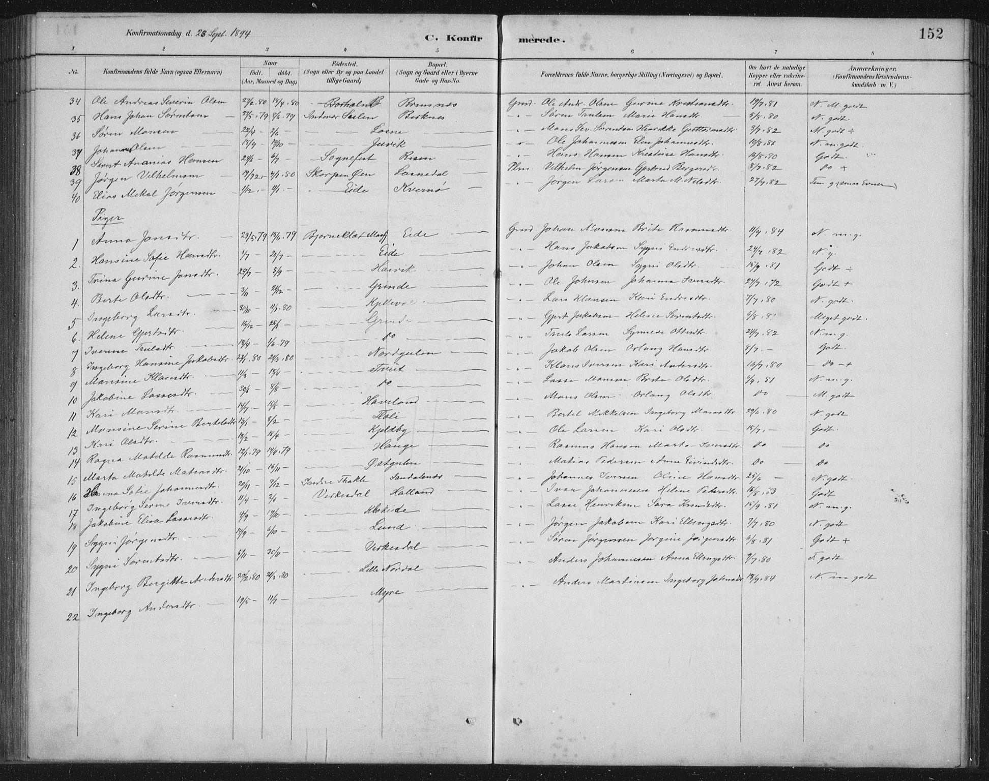 Gulen sokneprestembete, AV/SAB-A-80201/H/Hab/Habb/L0003: Parish register (copy) no. B 3, 1884-1907, p. 152
