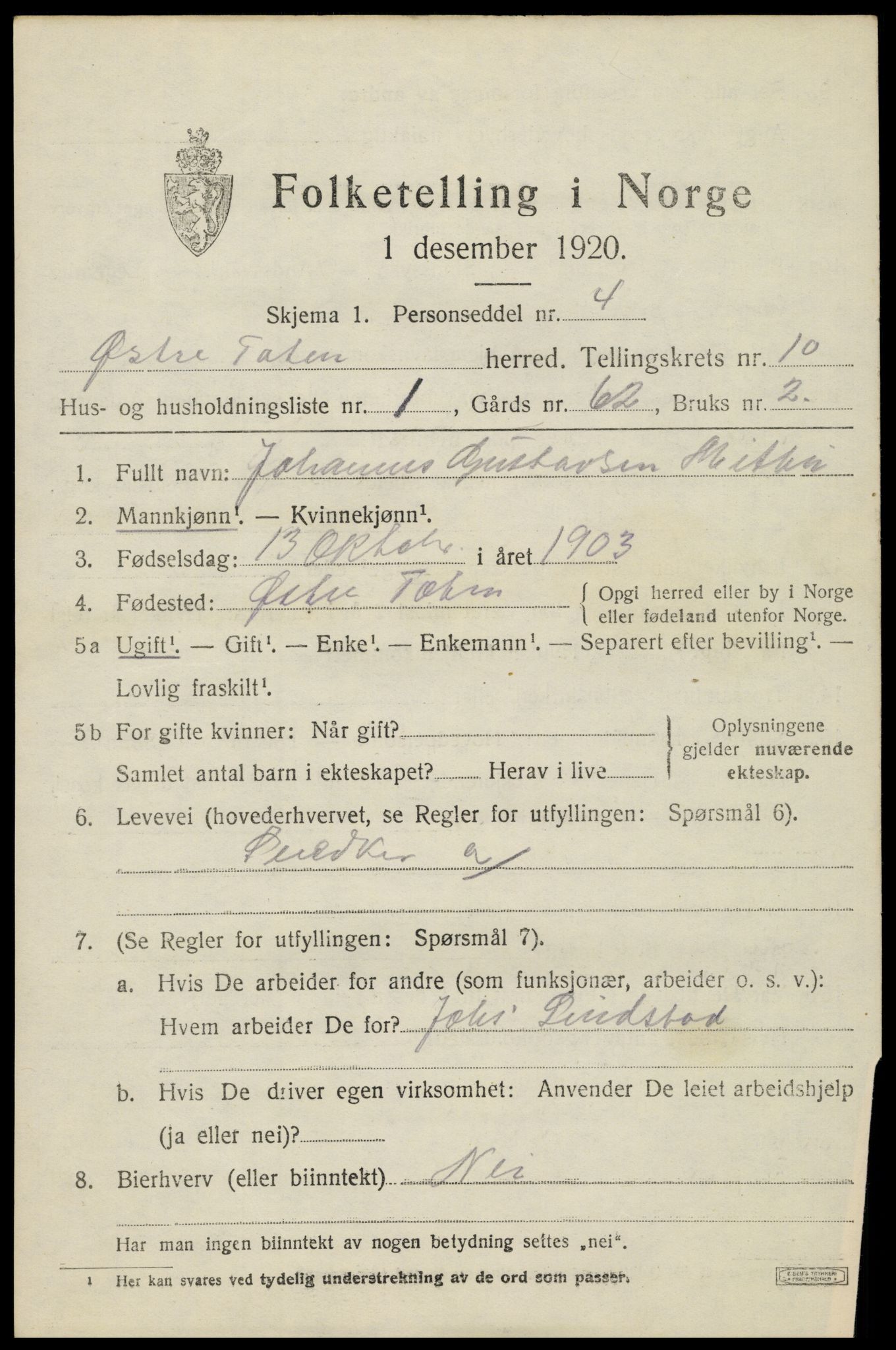 SAH, 1920 census for Østre Toten, 1920, p. 20362