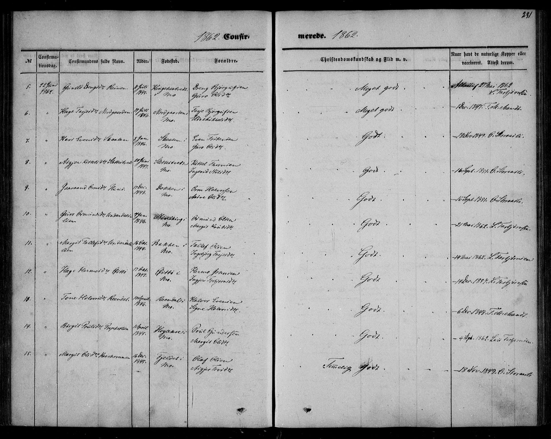 Mo kirkebøker, SAKO/A-286/F/Fa/L0005: Parish register (official) no. I 5, 1844-1864, p. 231