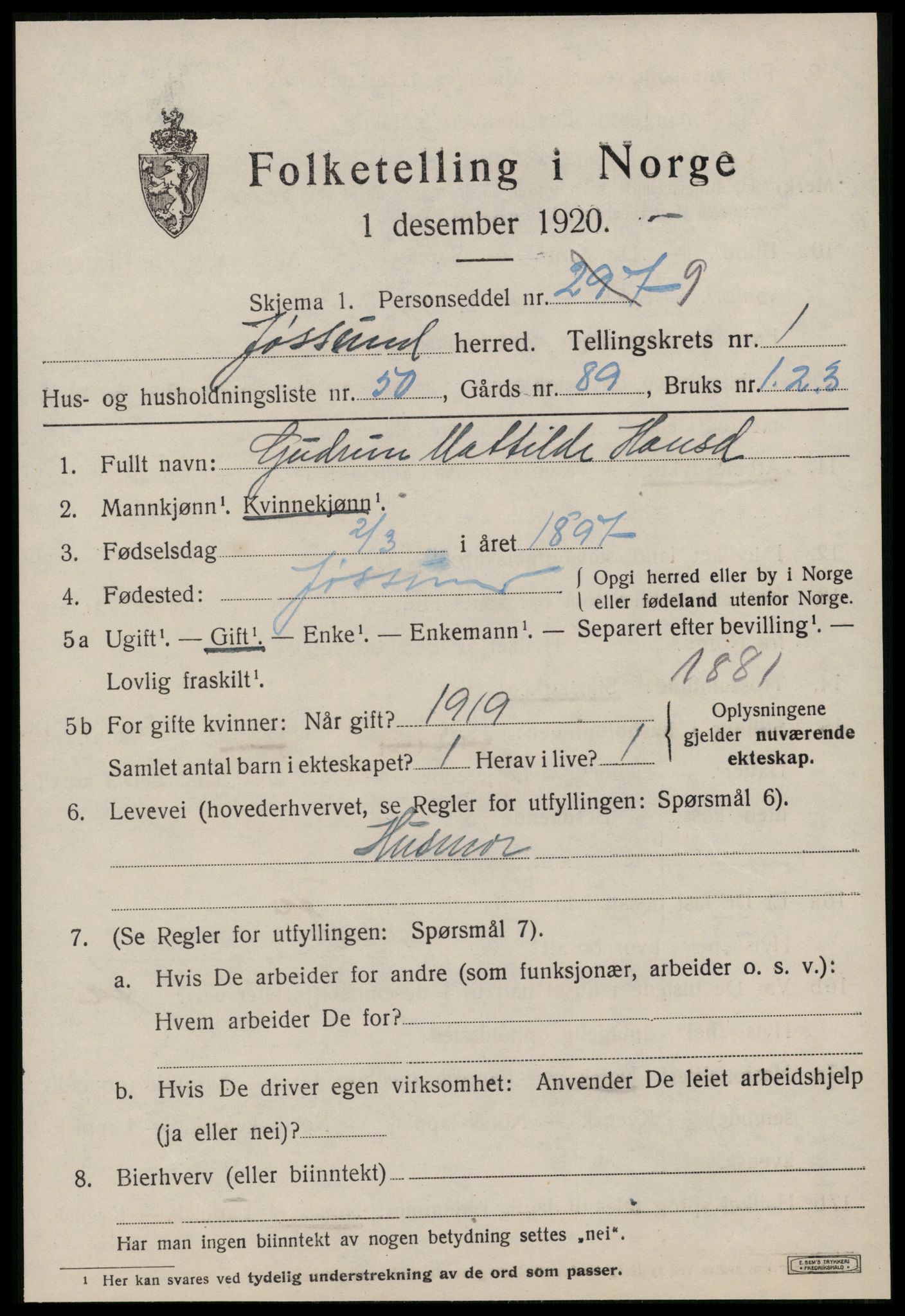 SAT, 1920 census for Jøssund, 1920, p. 1328