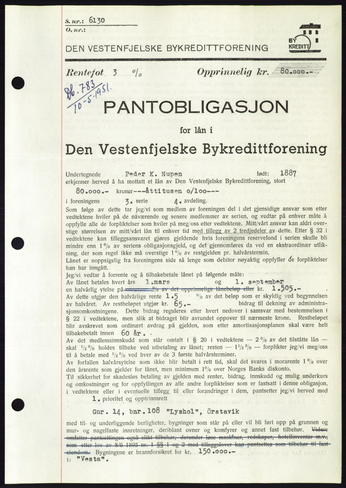 Søre Sunnmøre sorenskriveri, AV/SAT-A-4122/1/2/2C/L0120: Mortgage book no. 8B, 1951-1951, Diary no: : 783/1951