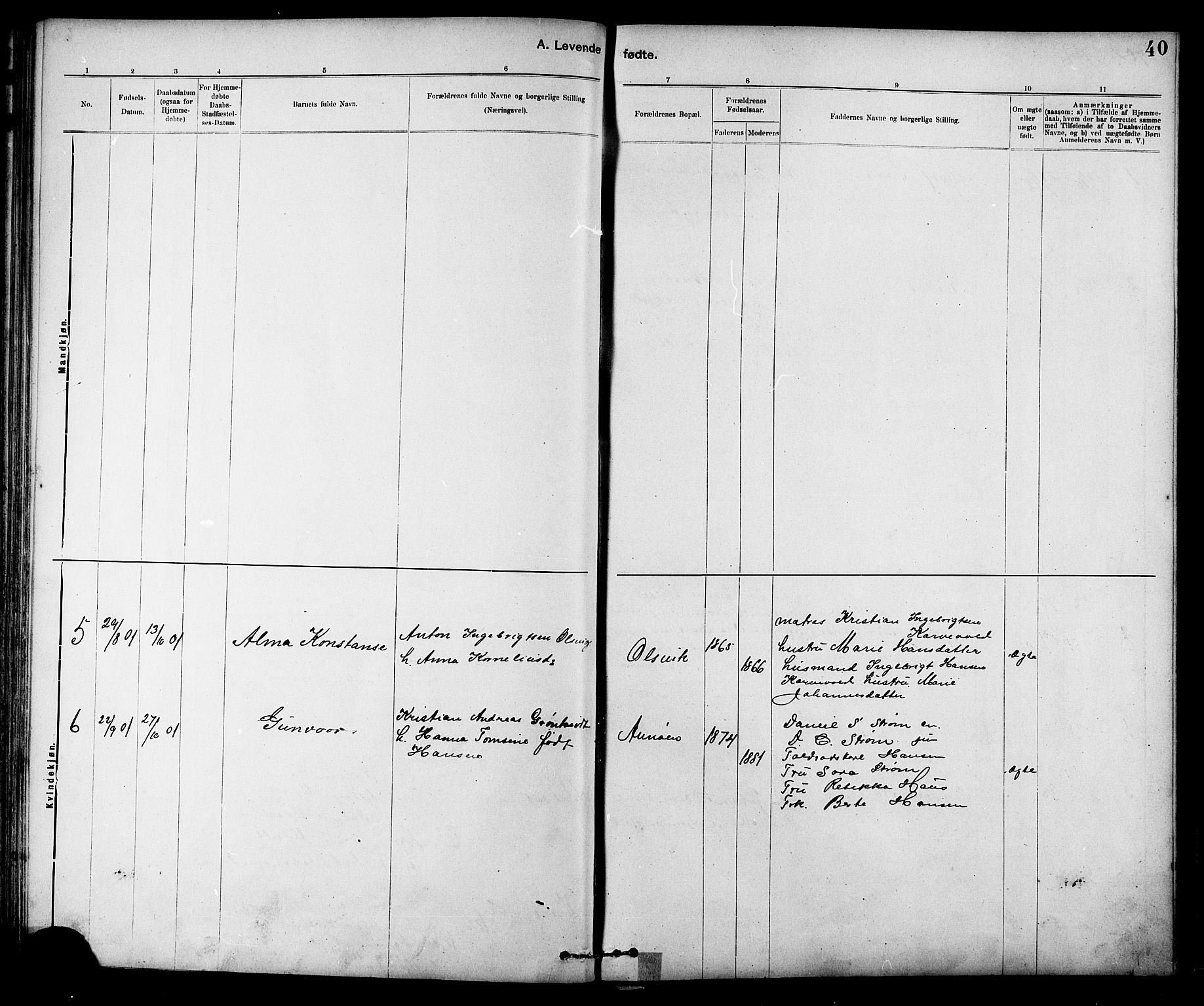 Ministerialprotokoller, klokkerbøker og fødselsregistre - Sør-Trøndelag, SAT/A-1456/639/L0573: Parish register (copy) no. 639C01, 1890-1905, p. 40